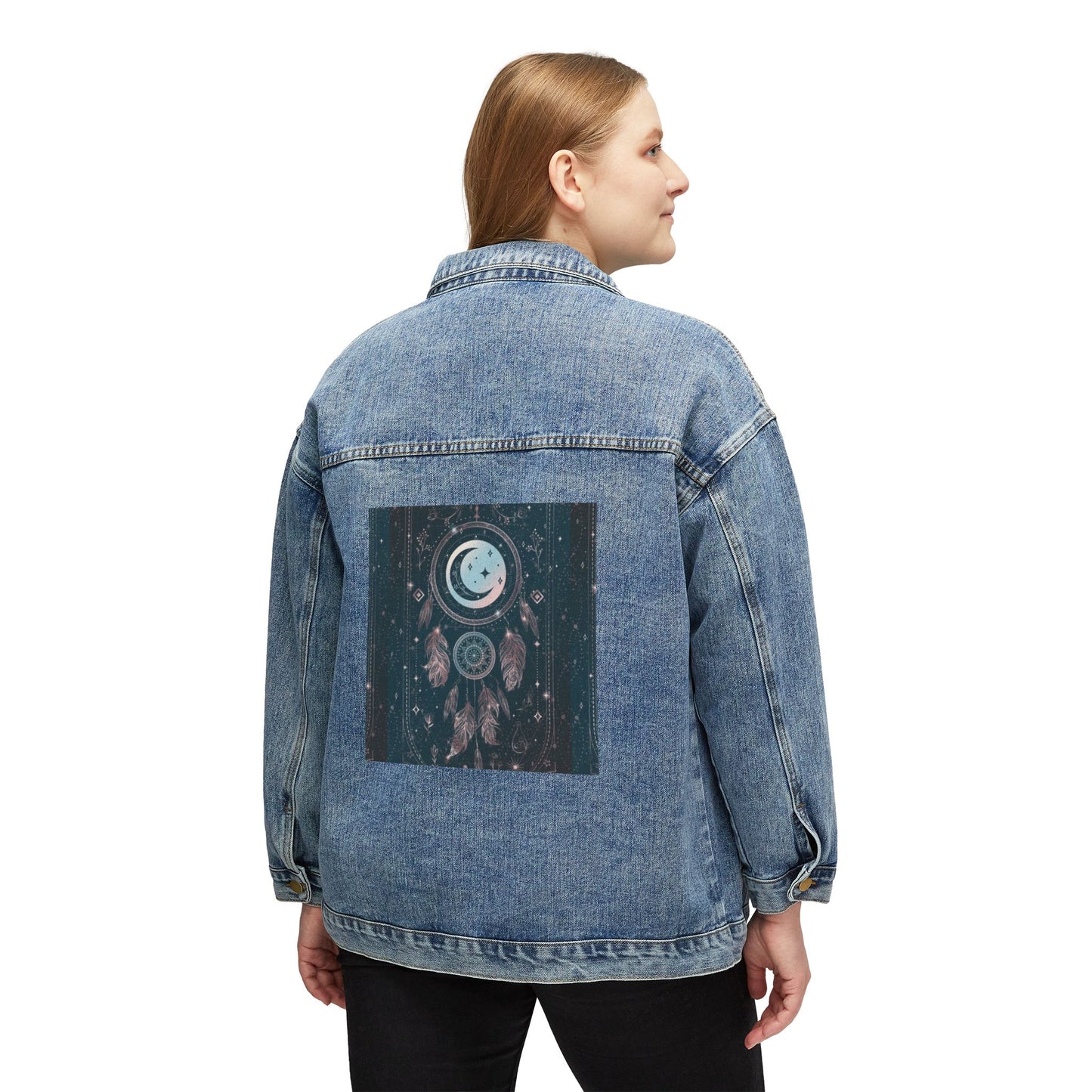 Boho Dreamcatcher Women's Denim Jacket, Trendy Layering Piece, Vintage Style Outerwear, Perfect for Festivals, Everyday Wear
