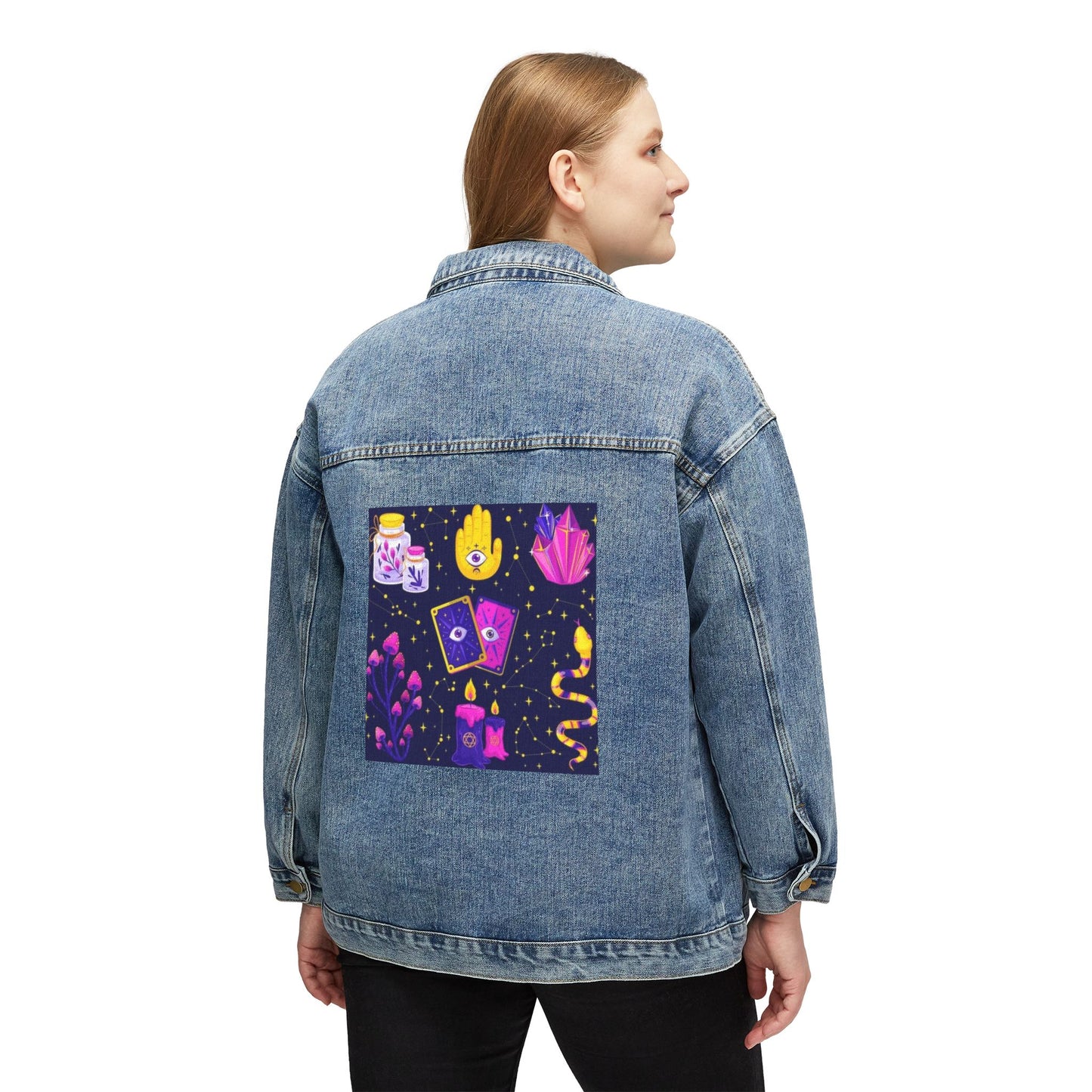 Bohemian Women's Denim Jacket, Tarot Card Design, Vintage Denim Outerwear, Gift for Her, Festival Fashion, Casual Style