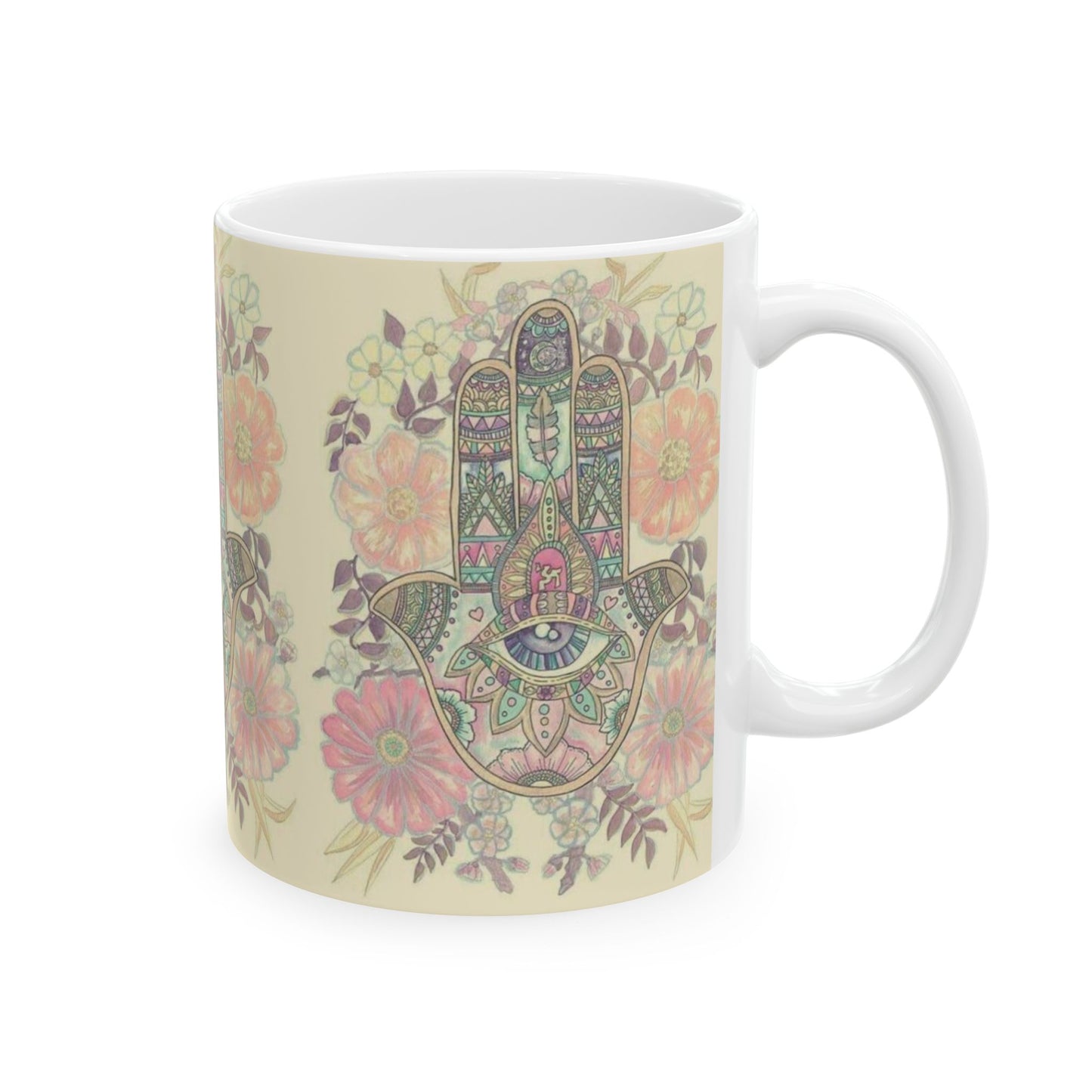 Bohemian Floral Hamsa Mug, Hand-Decorated Ceramic Coffee Cup, Meditation Gift, Home & Kitchen Decor, Relaxation Tea Mug
