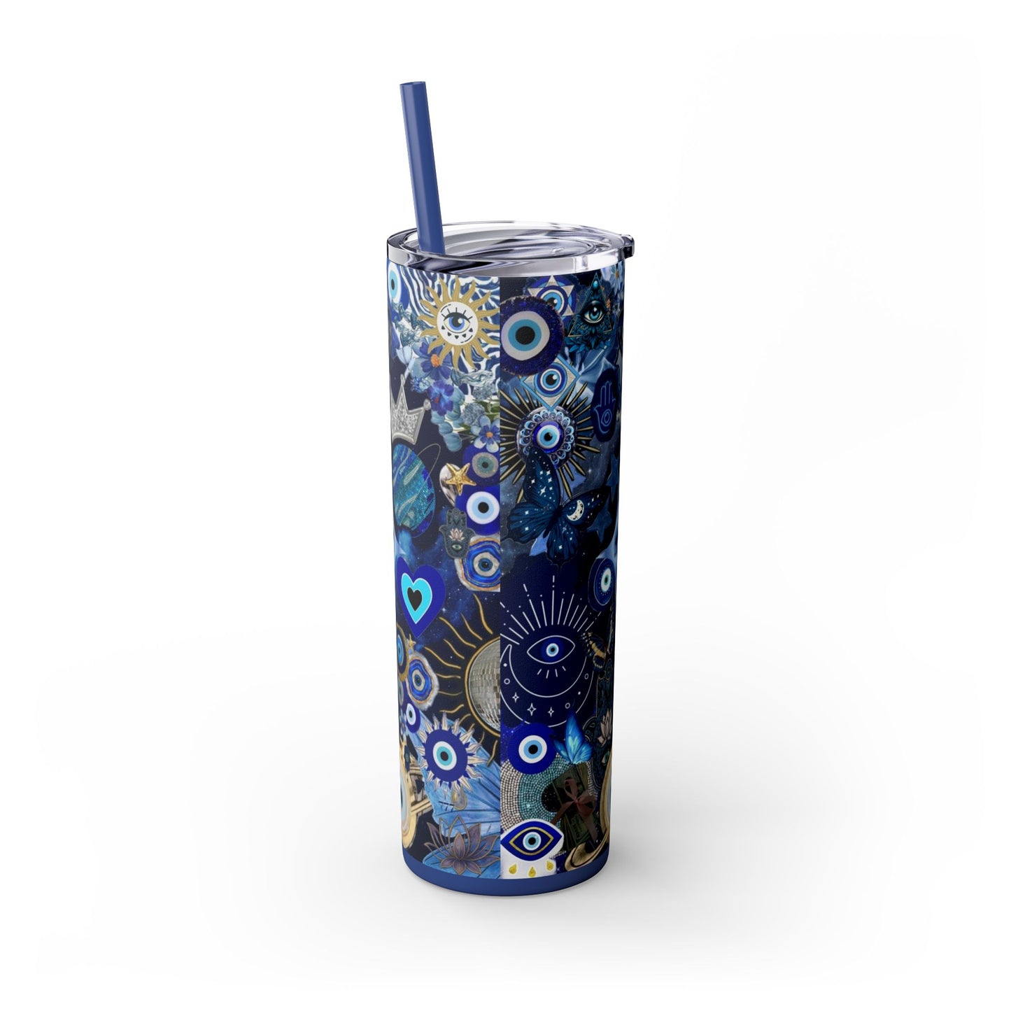 Boho Evil Eye Skinny Tumbler, 20oz, Travel Mug, Gift for Her, Water Bottle, Blue Pattern, Home Decor, Stylish Drinkware
