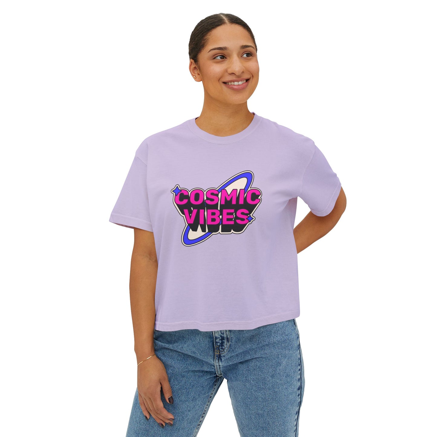 Cosmic Vibes Women's Boxy Tee - Trendy Graphic T-Shirt for Festival and Everyday Wear
