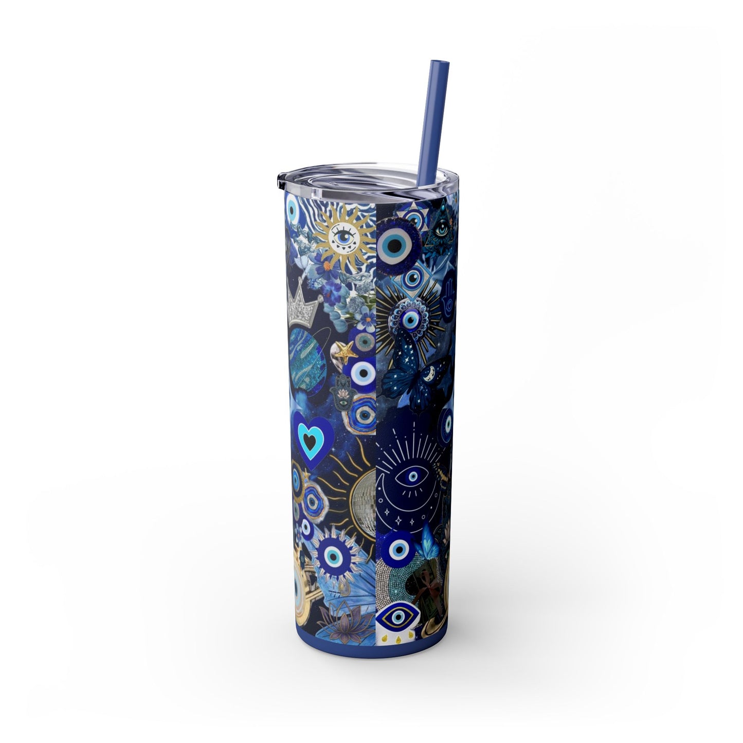 Boho Evil Eye Skinny Tumbler, 20oz, Travel Mug, Gift for Her, Water Bottle, Blue Pattern, Home Decor, Stylish Drinkware
