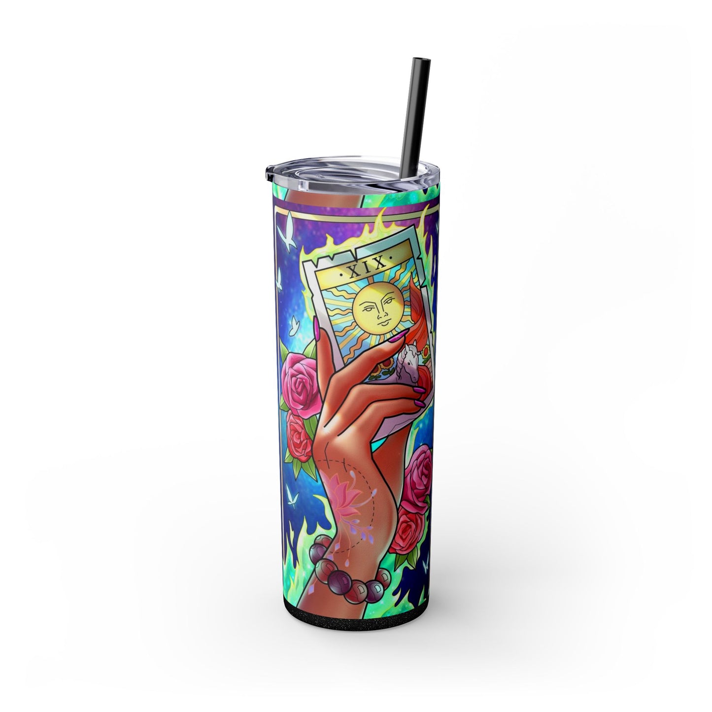 Vibrant Tattoo-Inspired Skinny Tumbler, 20oz | Custom Drinkware, Summer Hydration, Gift for Her, Eco-Friendly Beverage Cup, Festival Vibes