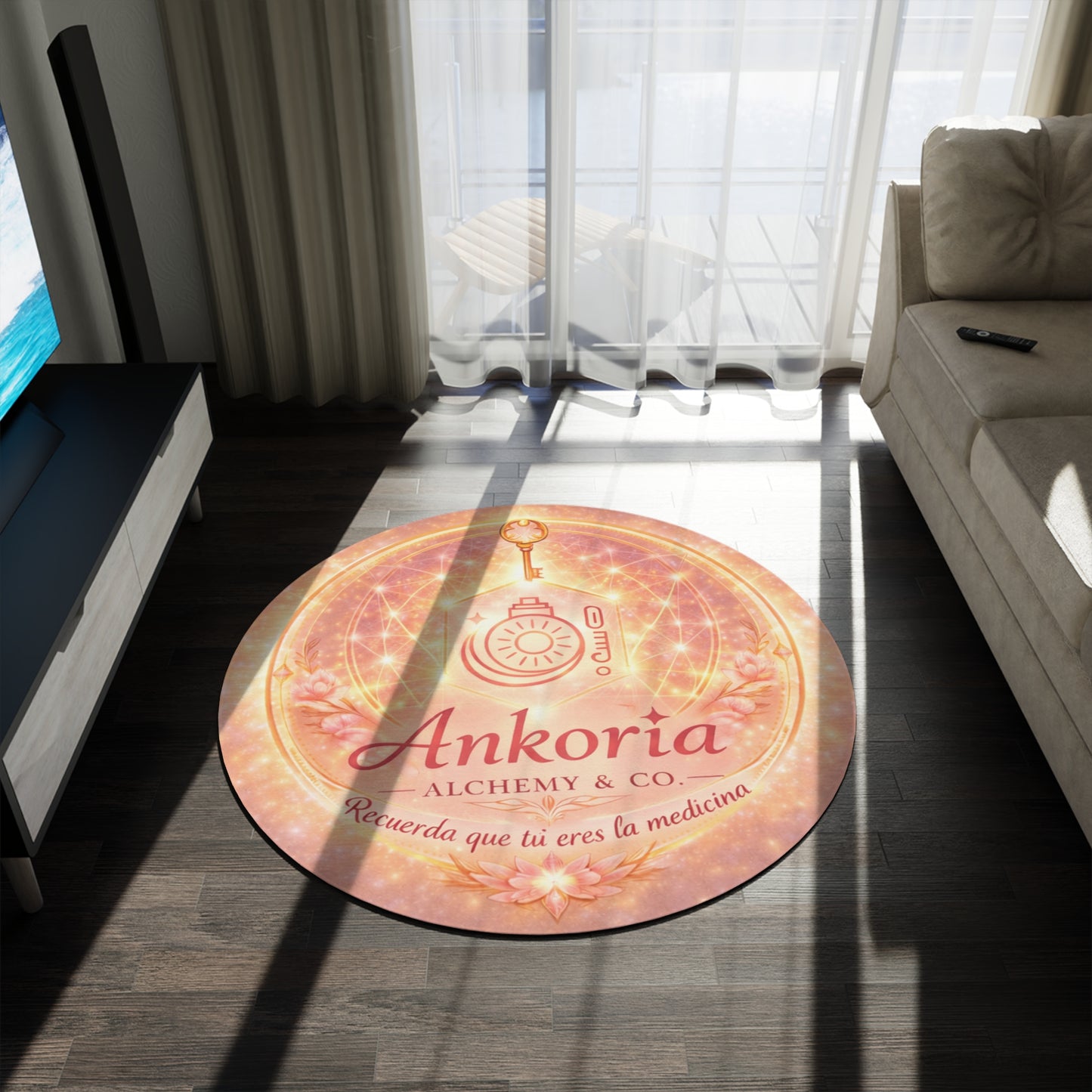 Ankoria Alchemy Round Rug — Spiritual Boho Meditation Floor Mat ("Recuerda que tú eres la medicina")