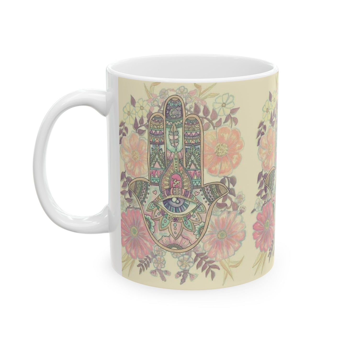 Bohemian Floral Hamsa Mug, Hand-Decorated Ceramic Coffee Cup, Meditation Gift, Home & Kitchen Decor, Relaxation Tea Mug