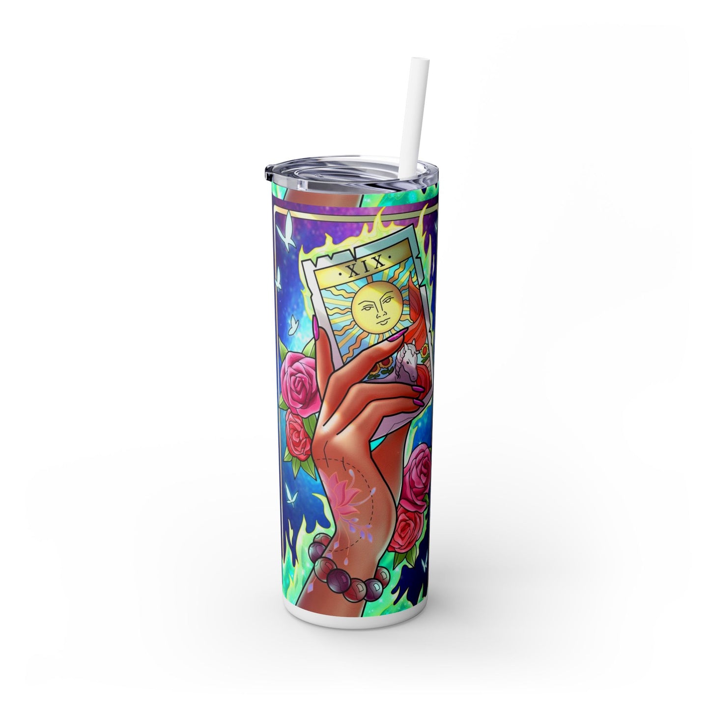 Vibrant Tattoo-Inspired Skinny Tumbler, 20oz | Custom Drinkware, Summer Hydration, Gift for Her, Eco-Friendly Beverage Cup, Festival Vibes