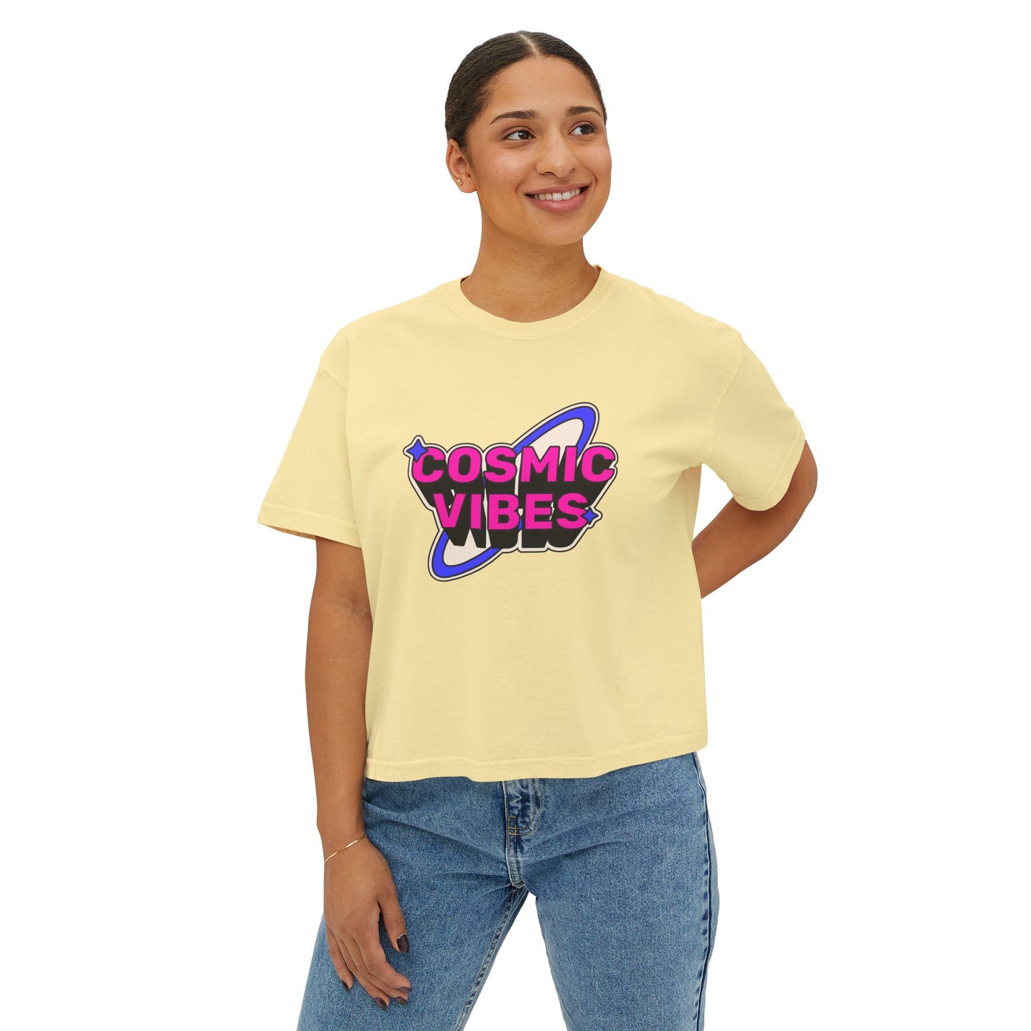 Cosmic Vibes Women's Boxy Tee - Trendy Graphic T-Shirt for Festival and Everyday Wear