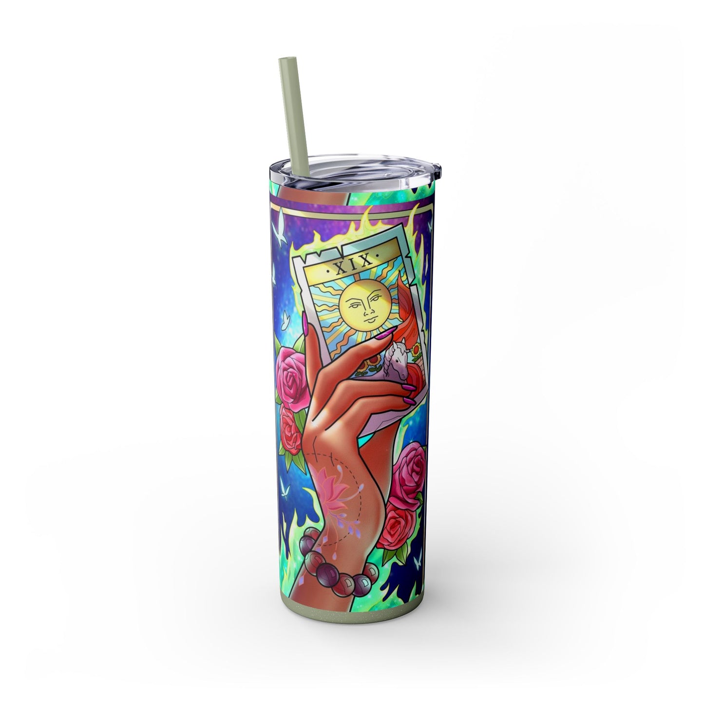 Vibrant Tattoo-Inspired Skinny Tumbler, 20oz | Custom Drinkware, Summer Hydration, Gift for Her, Eco-Friendly Beverage Cup, Festival Vibes