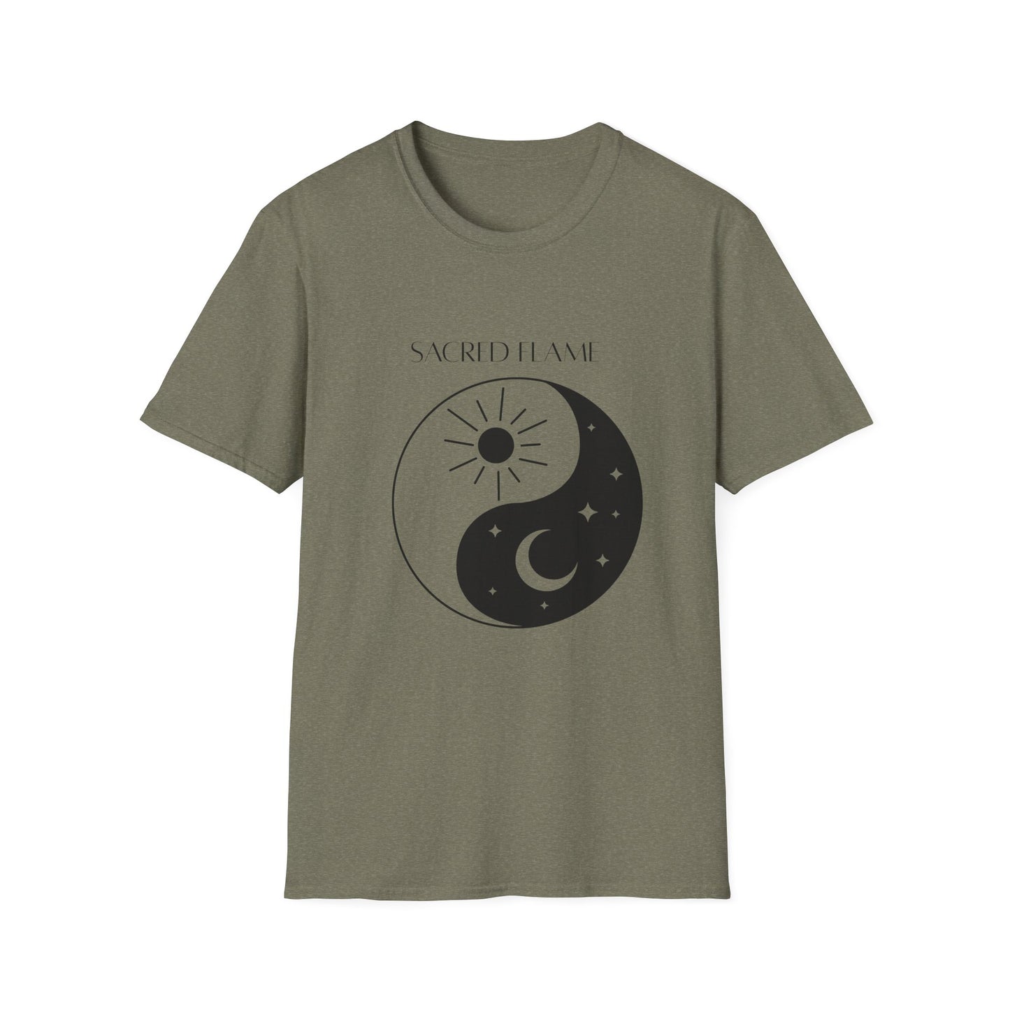 Sacred Flame Unisex Softstyle T-Shirt - Yin Yang Celestial Design, Boho Graphic Tee