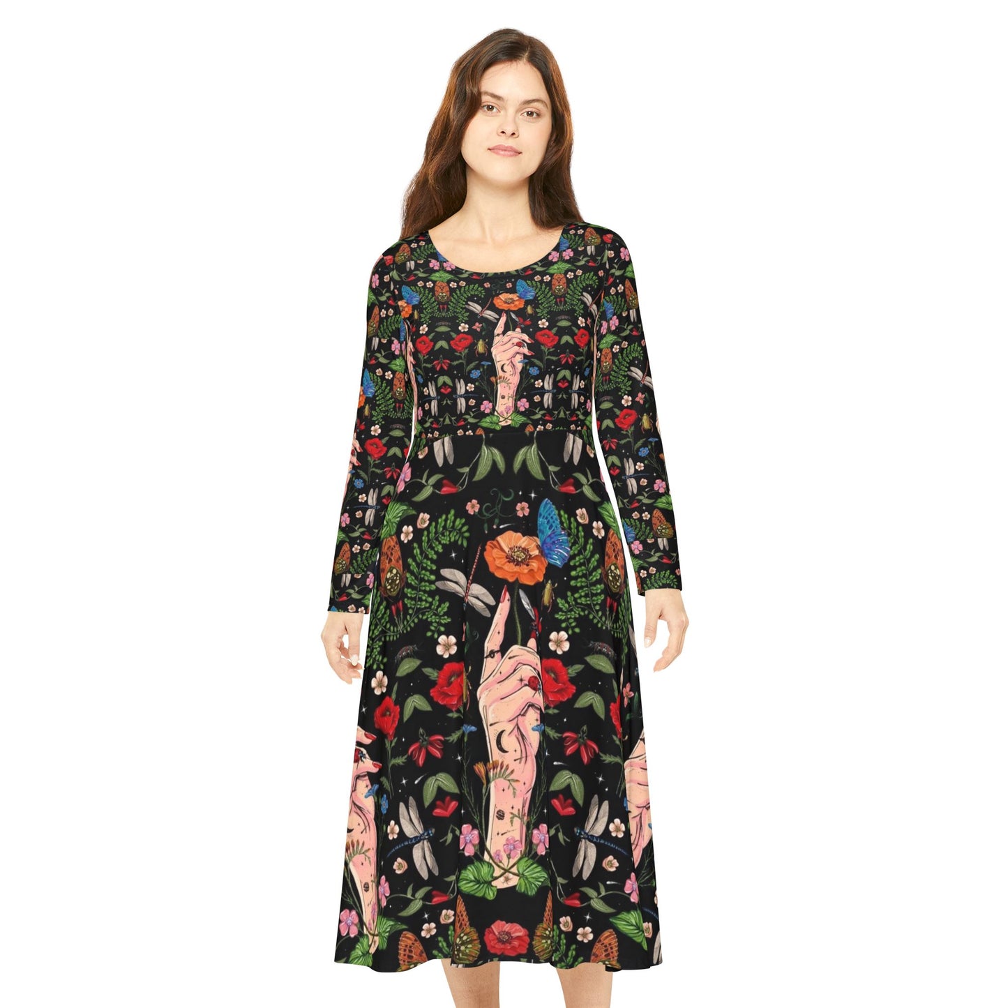 Floral Bohemian Long Sleeve Dance Dress | Ideal for Parties, Festivals, Art Lovers, Spring Celebrations, Boho Style