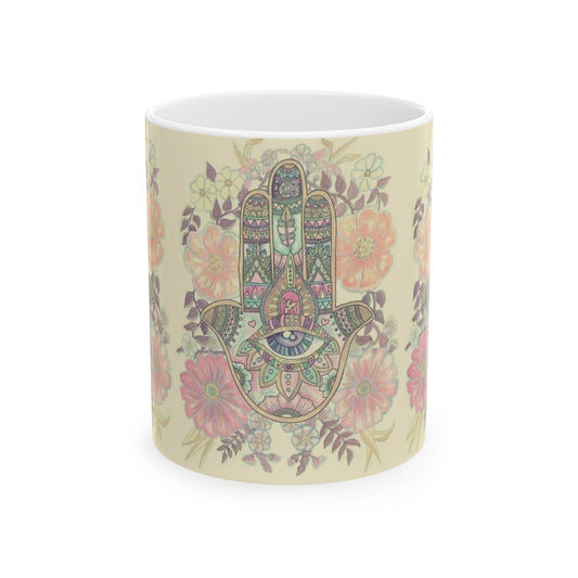 Bohemian Floral Hamsa Mug, Hand-Decorated Ceramic Coffee Cup, Meditation Gift, Home & Kitchen Decor, Relaxation Tea Mug