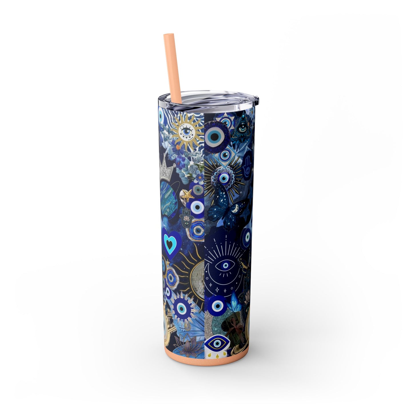 Boho Evil Eye Skinny Tumbler, 20oz, Travel Mug, Gift for Her, Water Bottle, Blue Pattern, Home Decor, Stylish Drinkware