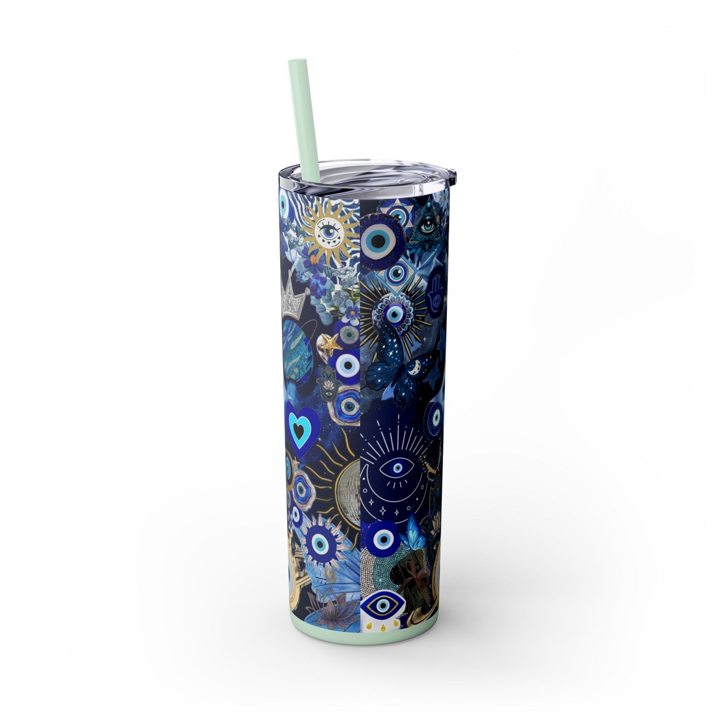 Boho Evil Eye Skinny Tumbler, 20oz, Travel Mug, Gift for Her, Water Bottle, Blue Pattern, Home Decor, Stylish Drinkware
