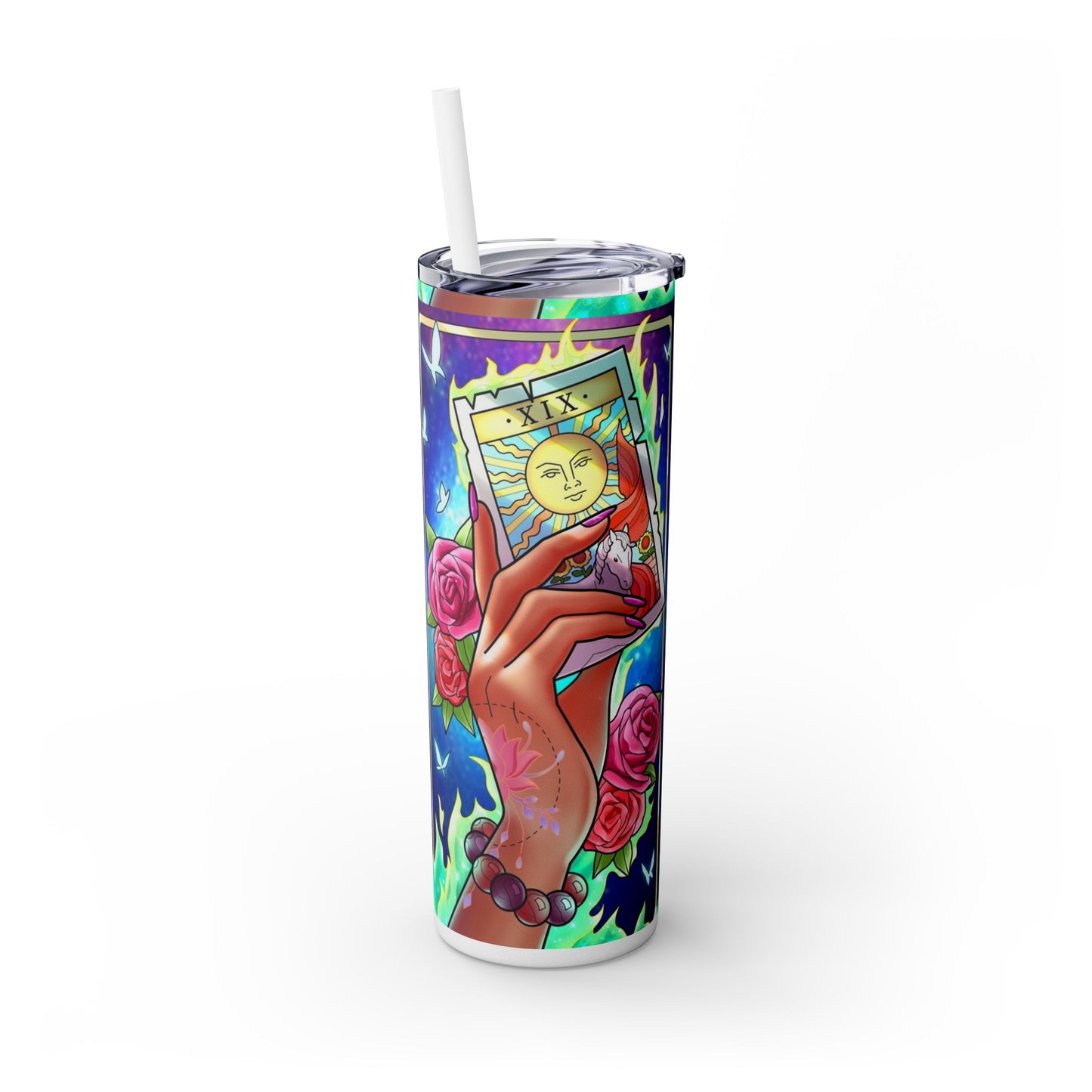 Vibrant Tattoo-Inspired Skinny Tumbler, 20oz | Custom Drinkware, Summer Hydration, Gift for Her, Eco-Friendly Beverage Cup, Festival Vibes