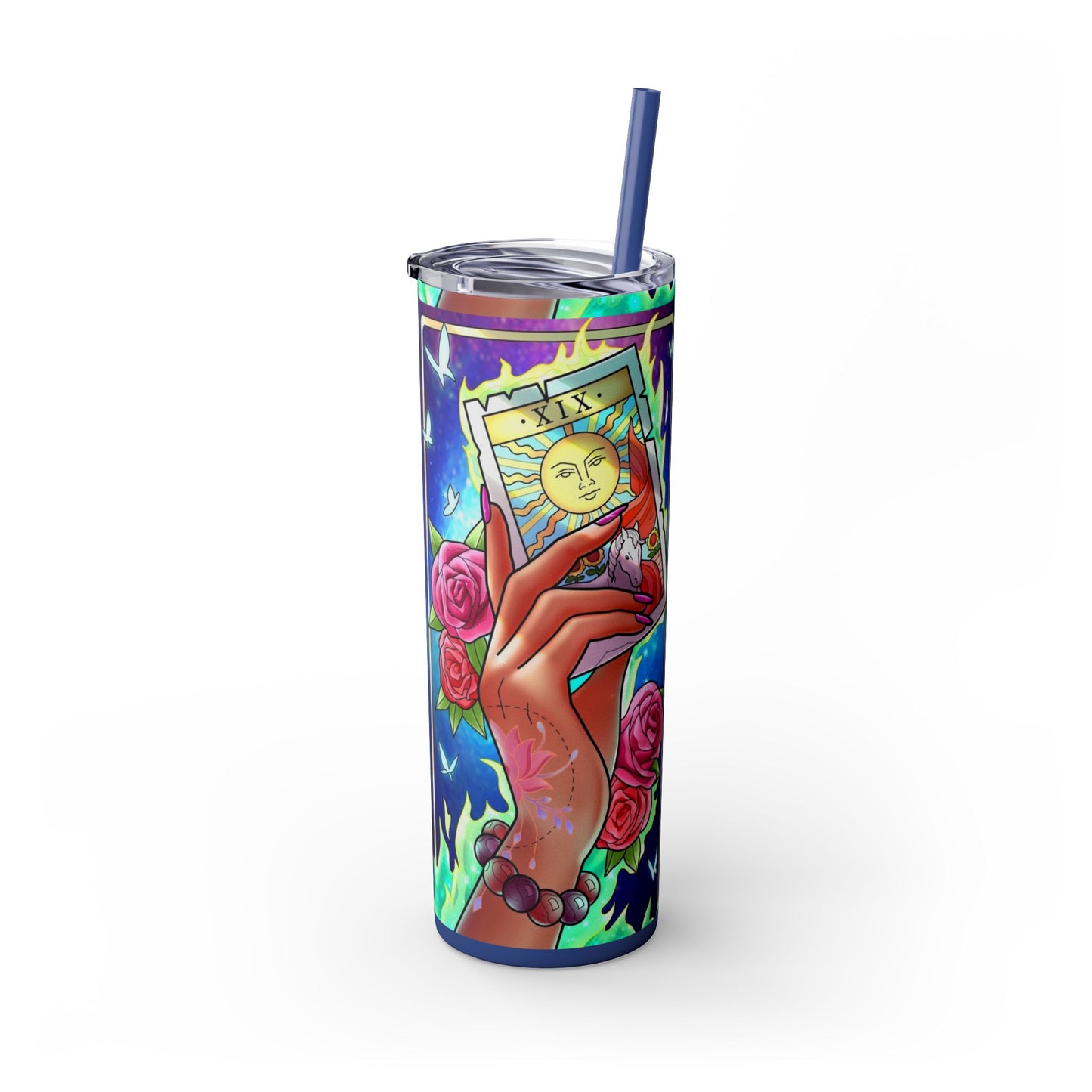 Vibrant Tattoo-Inspired Skinny Tumbler, 20oz | Custom Drinkware, Summer Hydration, Gift for Her, Eco-Friendly Beverage Cup, Festival Vibes