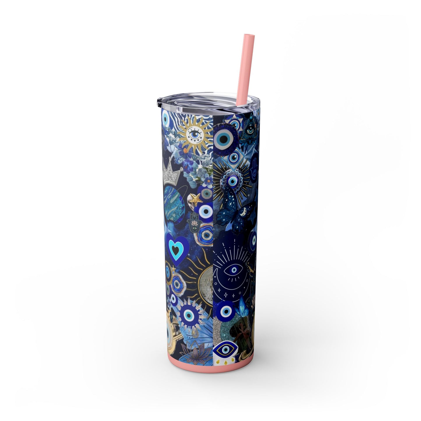 Boho Evil Eye Skinny Tumbler, 20oz, Travel Mug, Gift for Her, Water Bottle, Blue Pattern, Home Decor, Stylish Drinkware