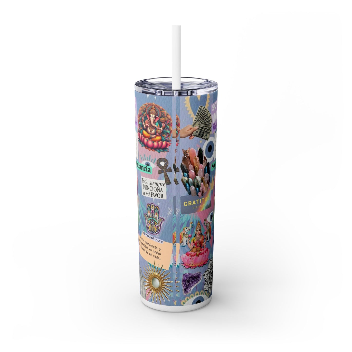 Inspirational Skinny Tumbler, 20oz | Gratitude and Abundance Design | Travel Mug for Empowerment, Gifts, Meditation, Spirituality