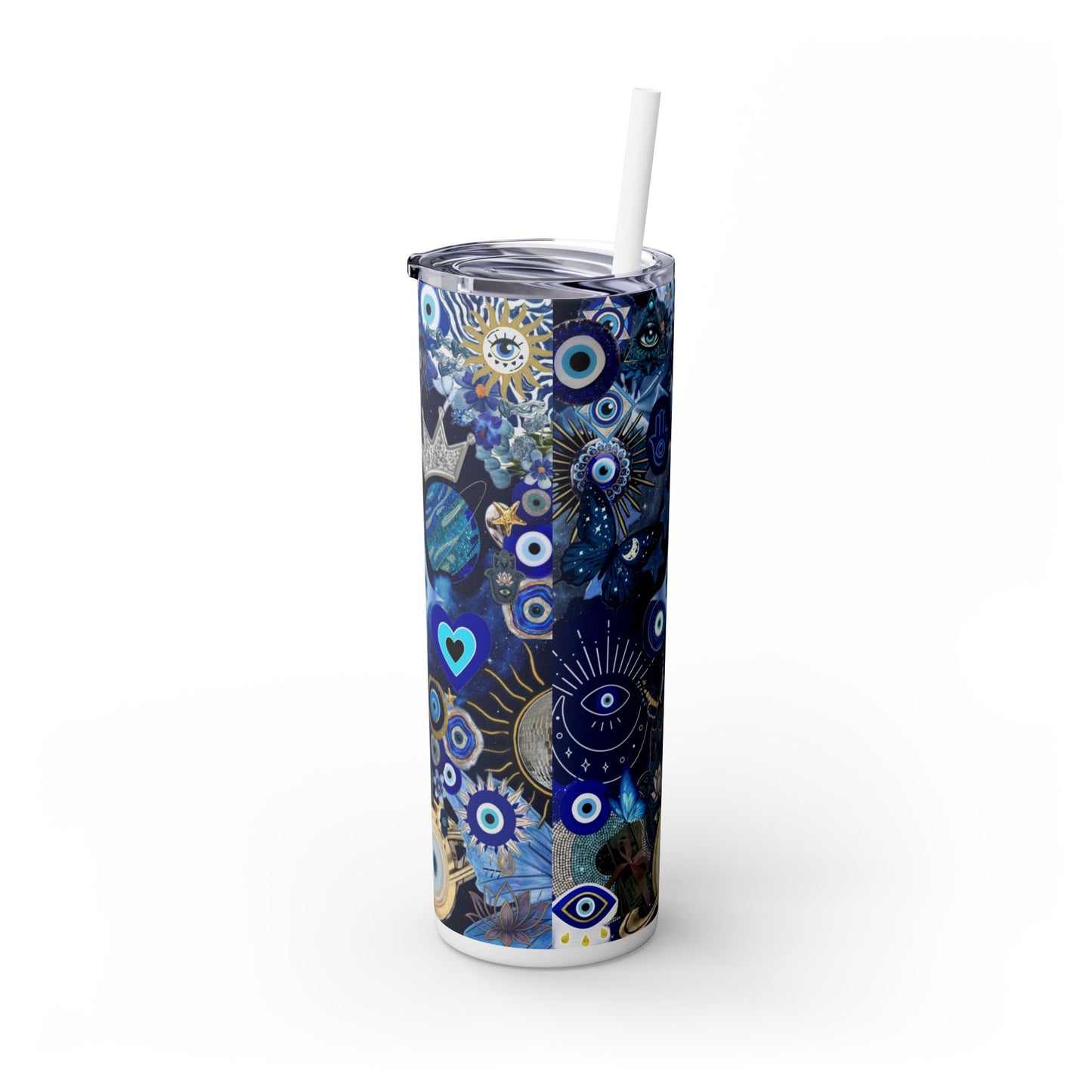 Boho Evil Eye Skinny Tumbler, 20oz, Travel Mug, Gift for Her, Water Bottle, Blue Pattern, Home Decor, Stylish Drinkware