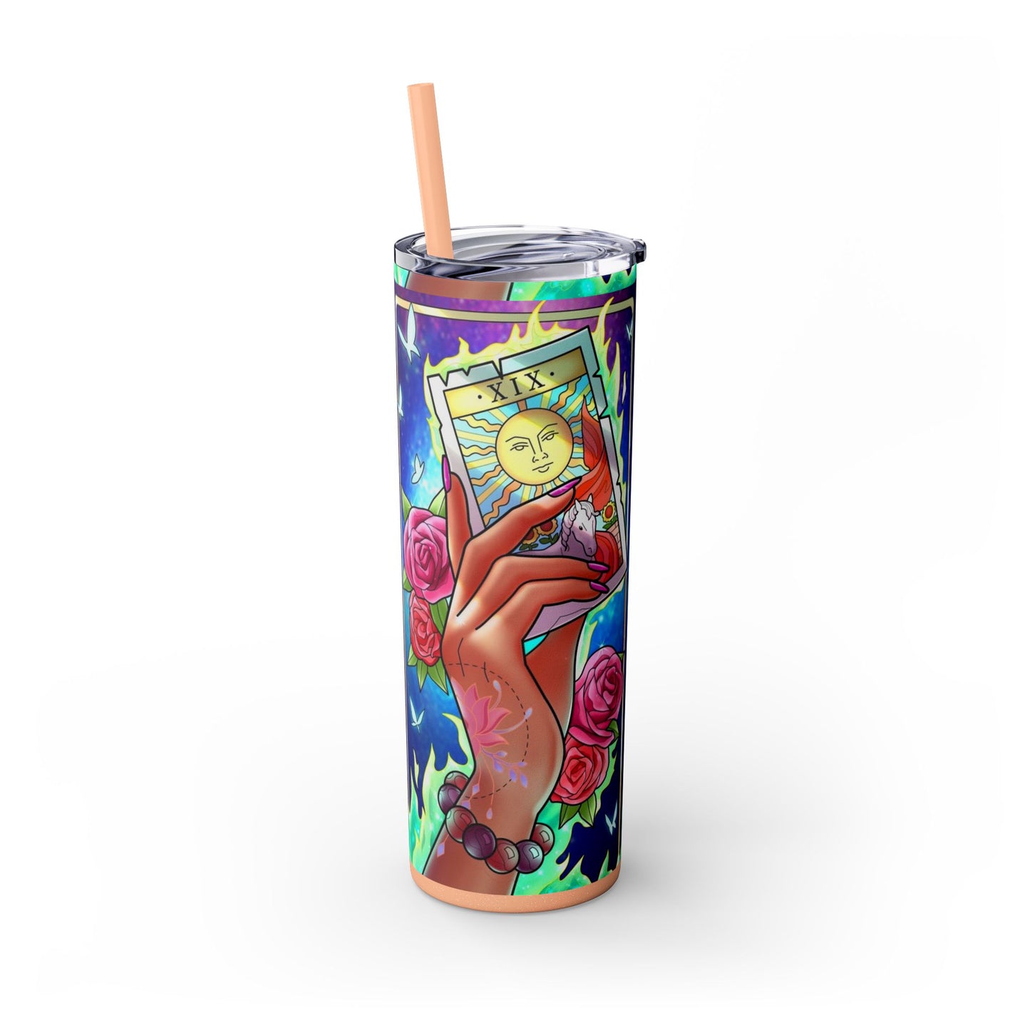 Vibrant Tattoo-Inspired Skinny Tumbler, 20oz | Custom Drinkware, Summer Hydration, Gift for Her, Eco-Friendly Beverage Cup, Festival Vibes