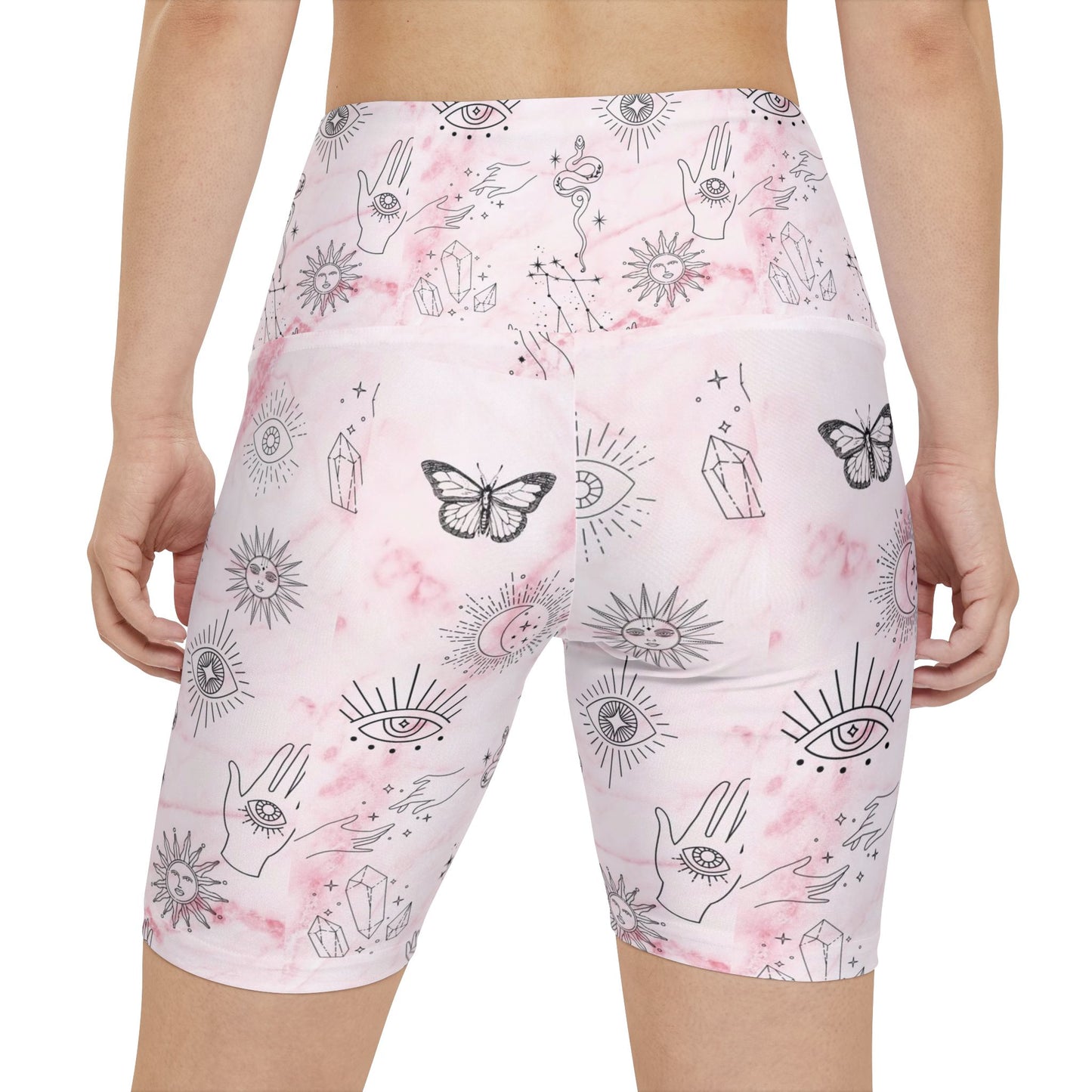 Boho Women's Workout Shorts - Pastel Pink Sun & Moon Print, Yoga, Gym, Festival, Activewear