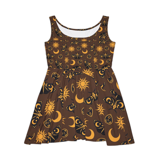 Celestial Print Skater Dress | Boho Summer Style | Festival Wear, Casual Dress, Sun and Moon Theme, Women's Clothing