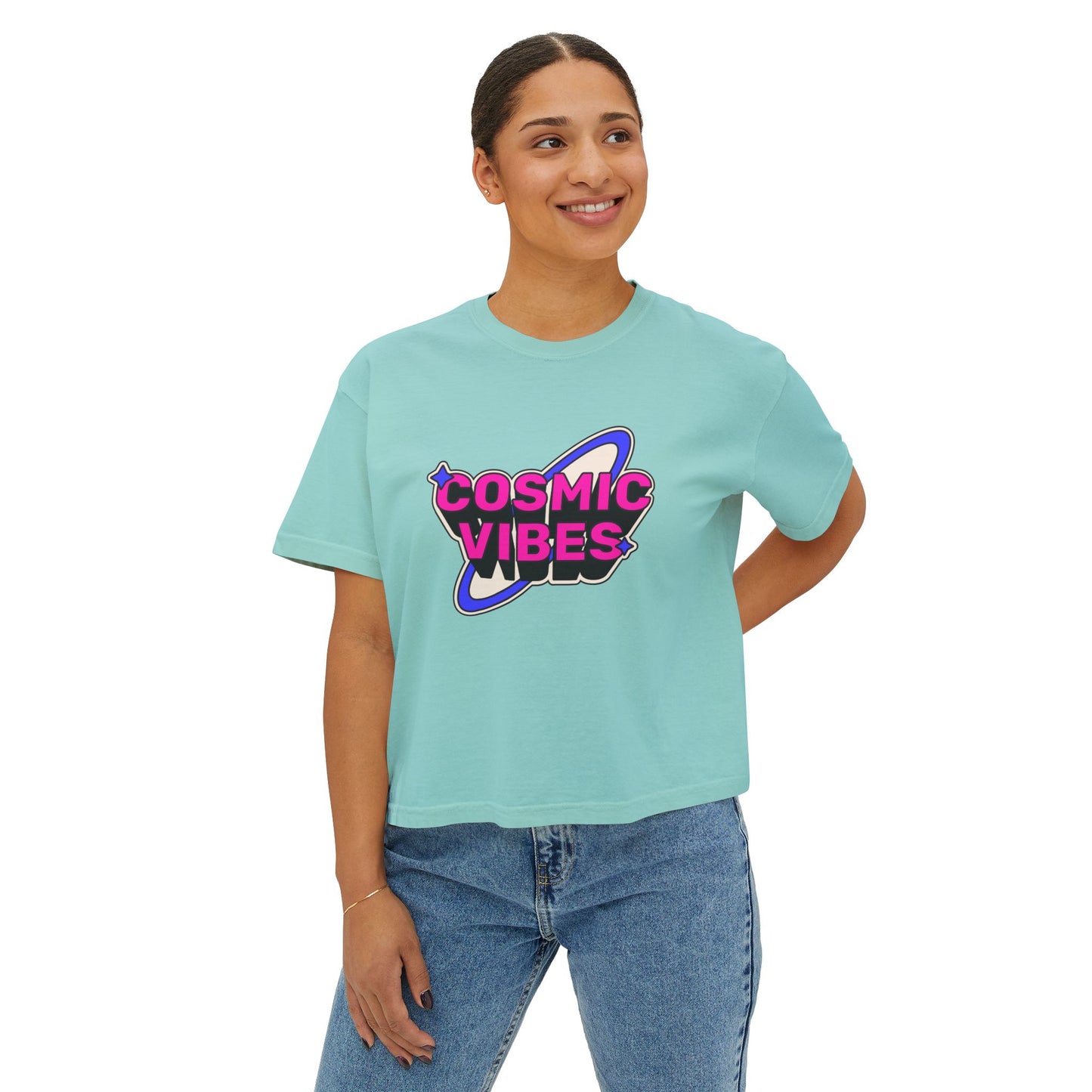 Cosmic Vibes Women's Boxy Tee - Trendy Graphic T-Shirt for Festival and Everyday Wear