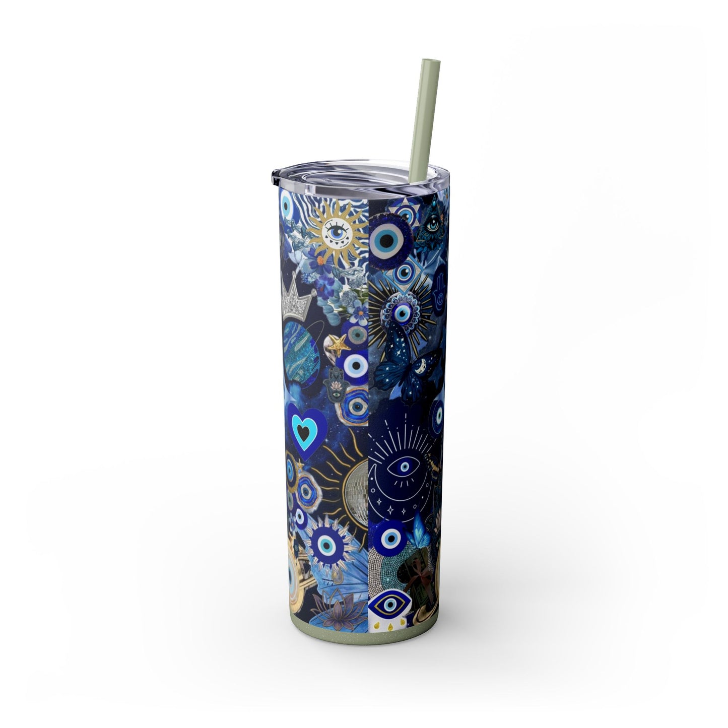 Boho Evil Eye Skinny Tumbler, 20oz, Travel Mug, Gift for Her, Water Bottle, Blue Pattern, Home Decor, Stylish Drinkware