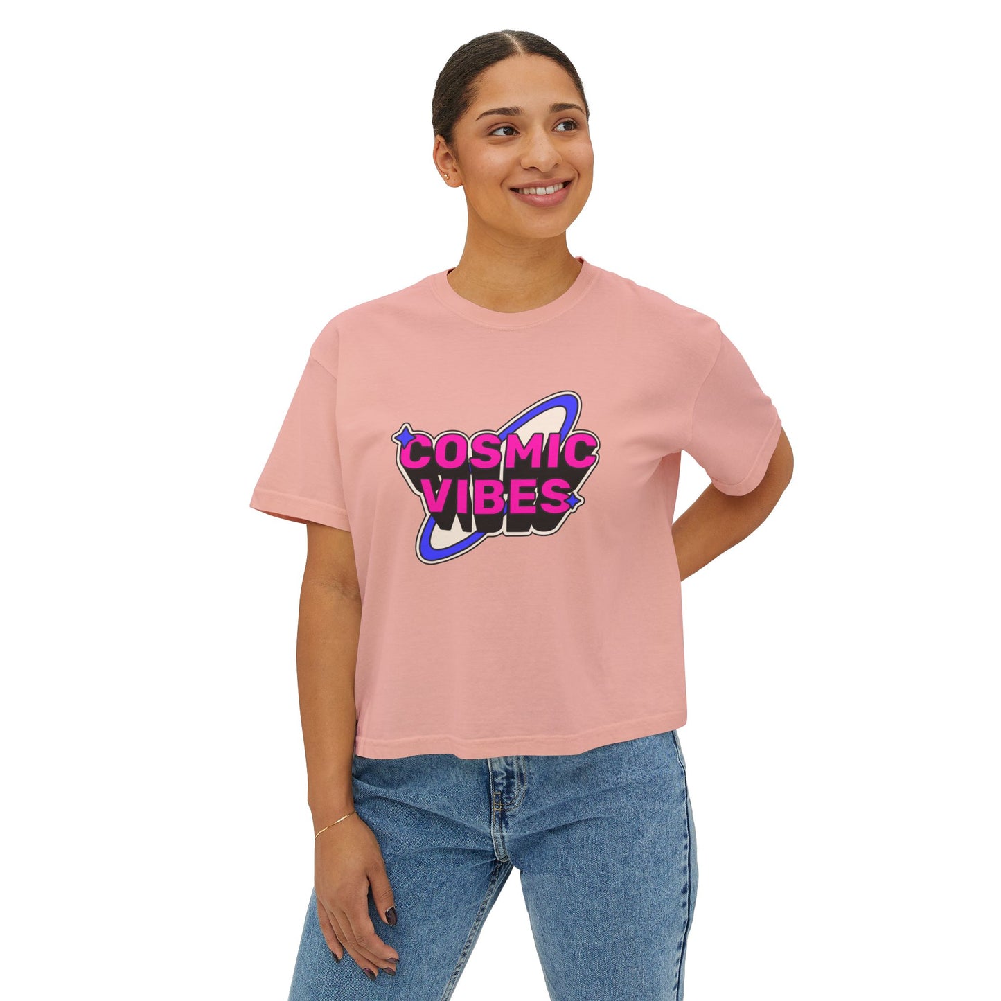 Cosmic Vibes Women's Boxy Tee - Trendy Graphic T-Shirt for Festival and Everyday Wear