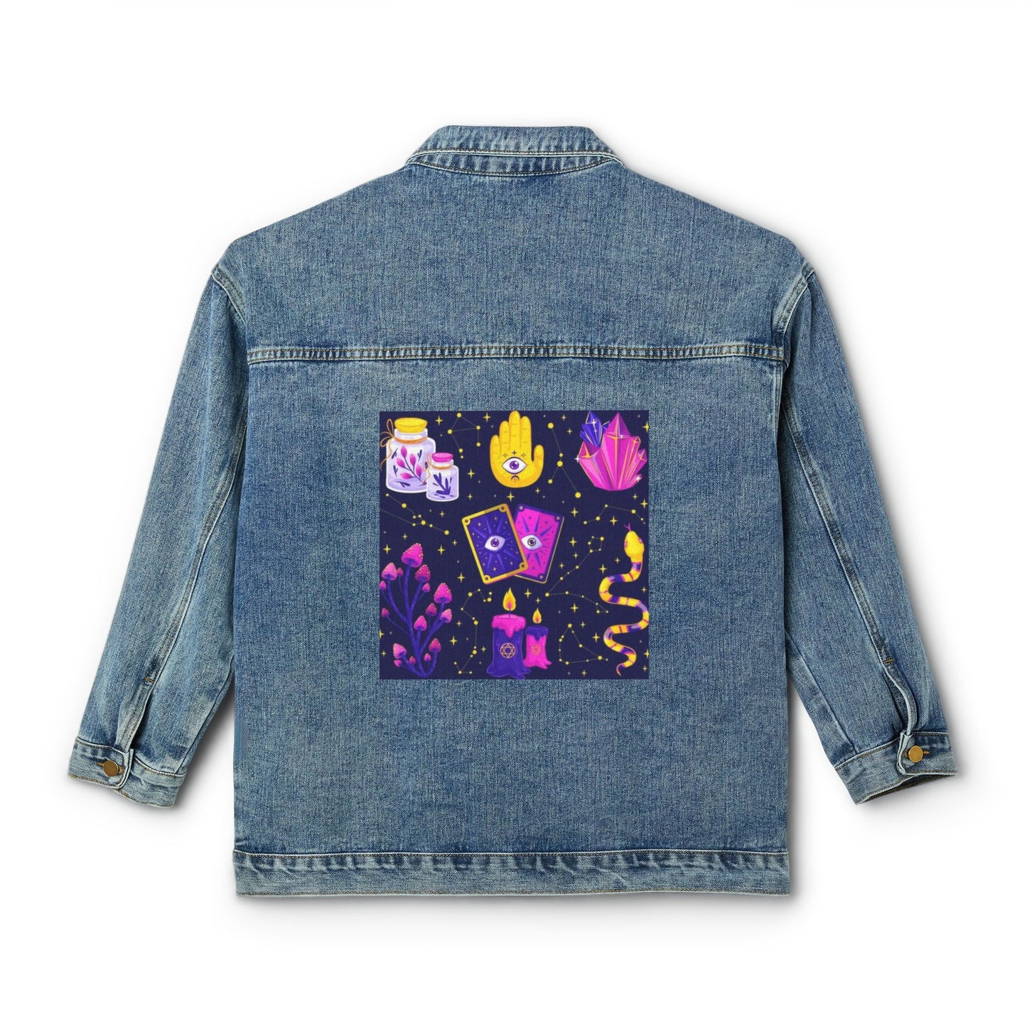 Bohemian Women's Denim Jacket, Tarot Card Design, Vintage Denim Outerwear, Gift for Her, Festival Fashion, Casual Style