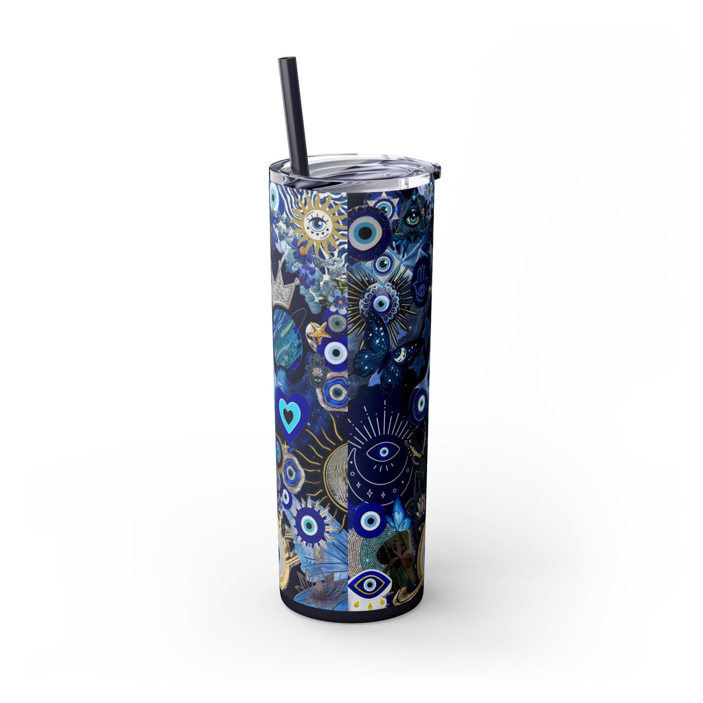 Boho Evil Eye Skinny Tumbler, 20oz, Travel Mug, Gift for Her, Water Bottle, Blue Pattern, Home Decor, Stylish Drinkware
