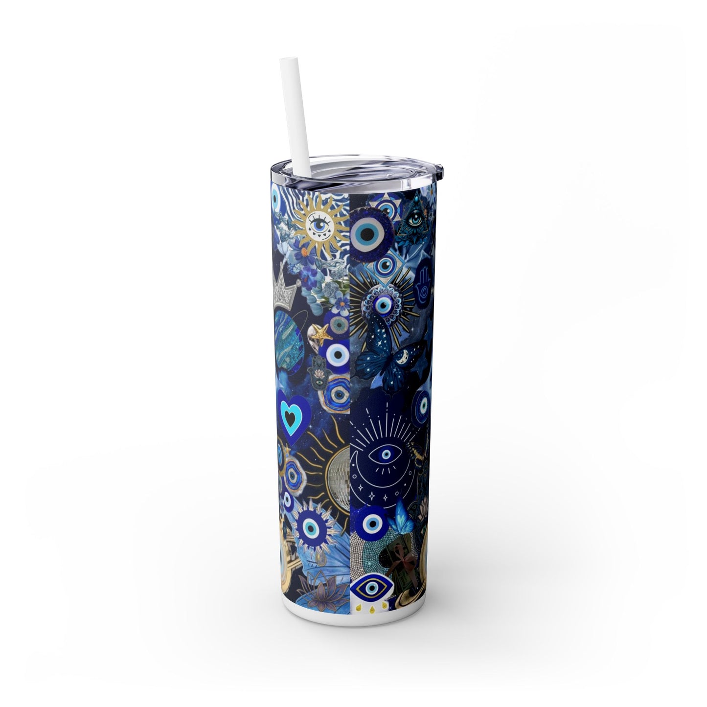 Boho Evil Eye Skinny Tumbler, 20oz, Travel Mug, Gift for Her, Water Bottle, Blue Pattern, Home Decor, Stylish Drinkware