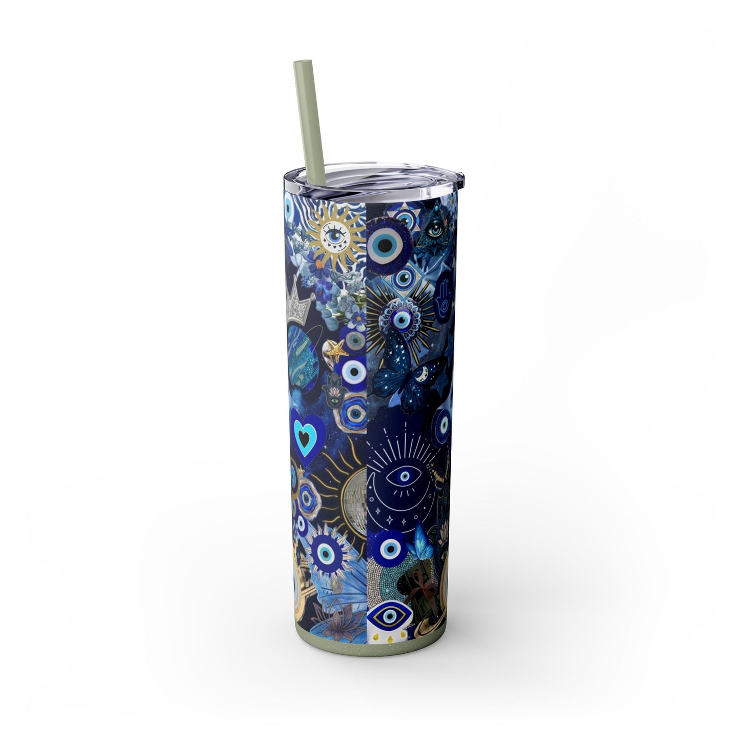 Boho Evil Eye Skinny Tumbler, 20oz, Travel Mug, Gift for Her, Water Bottle, Blue Pattern, Home Decor, Stylish Drinkware