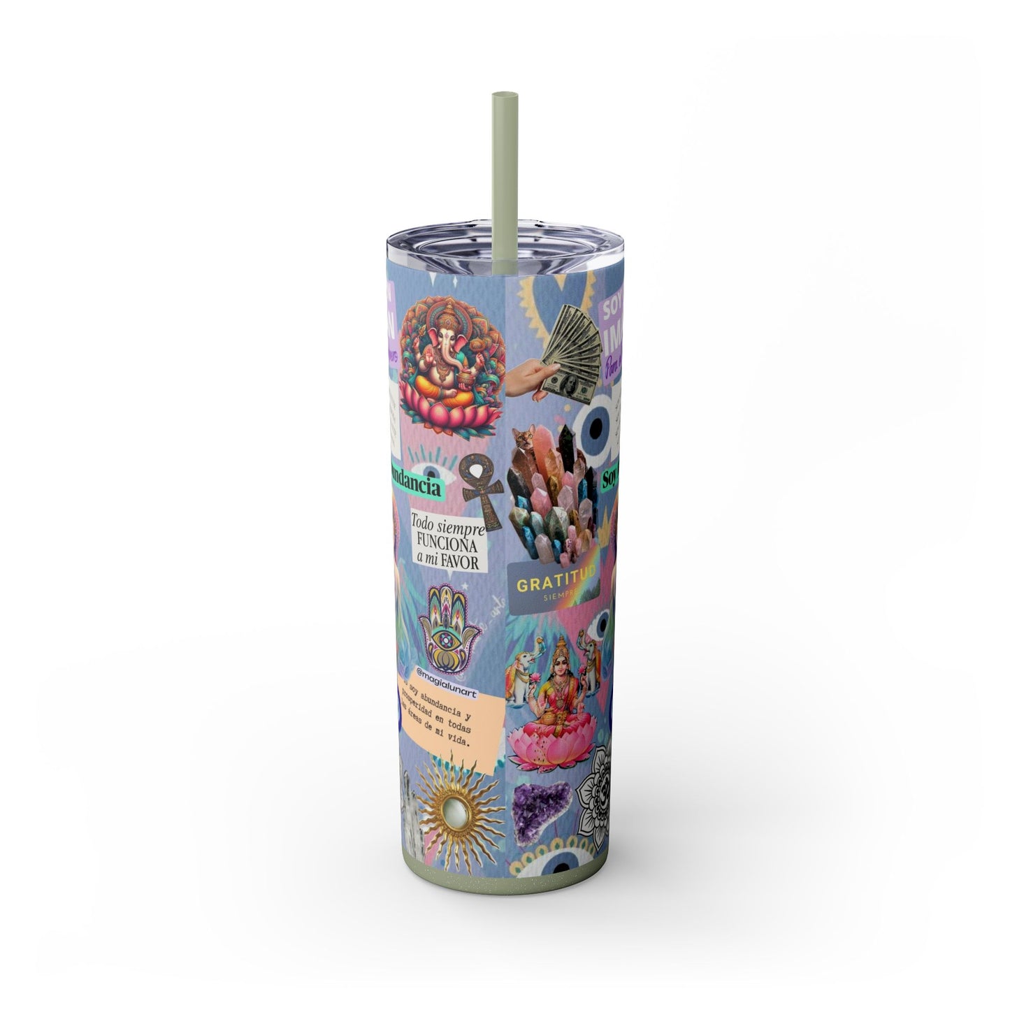 Inspirational Skinny Tumbler, 20oz | Gratitude and Abundance Design | Travel Mug for Empowerment, Gifts, Meditation, Spirituality