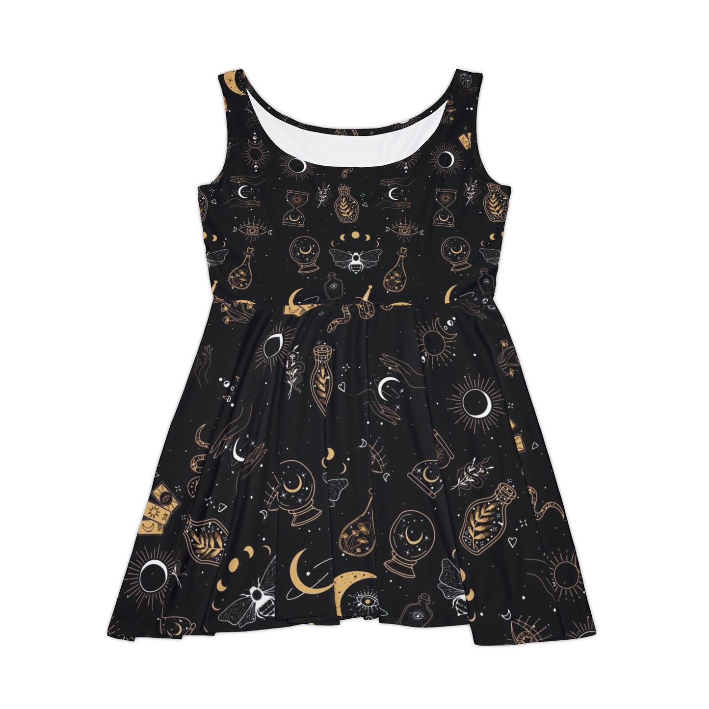 Mystical Moon Phase Skater Dress, Celestial Print, Boho Style, Summer Dress, Festival Wear, Witchy Fashion