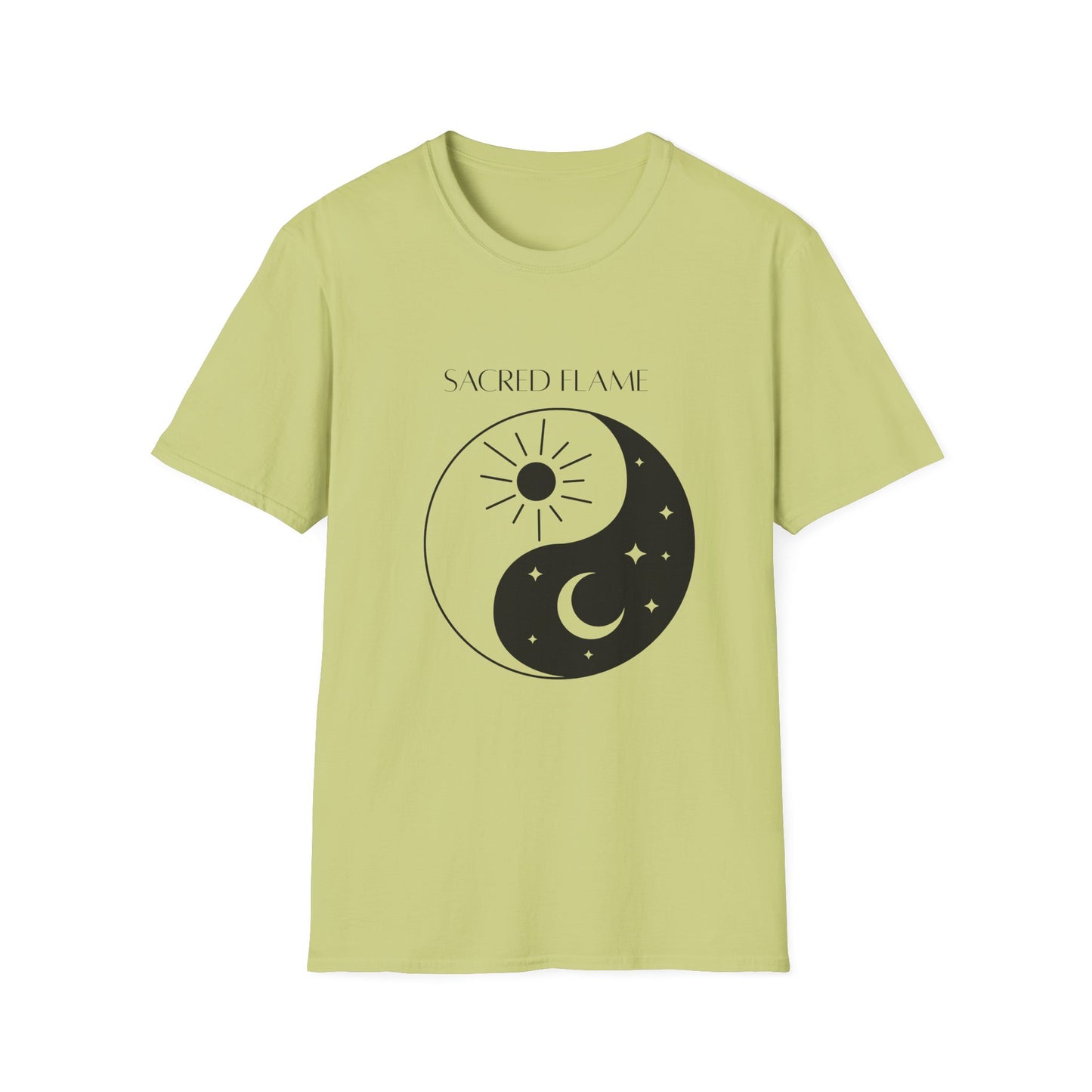 Sacred Flame Unisex Softstyle T-Shirt - Yin Yang Celestial Design, Boho Graphic Tee