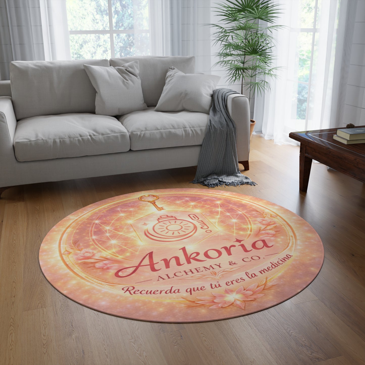 Ankoria Alchemy Round Rug — Spiritual Boho Meditation Floor Mat ("Recuerda que tú eres la medicina")