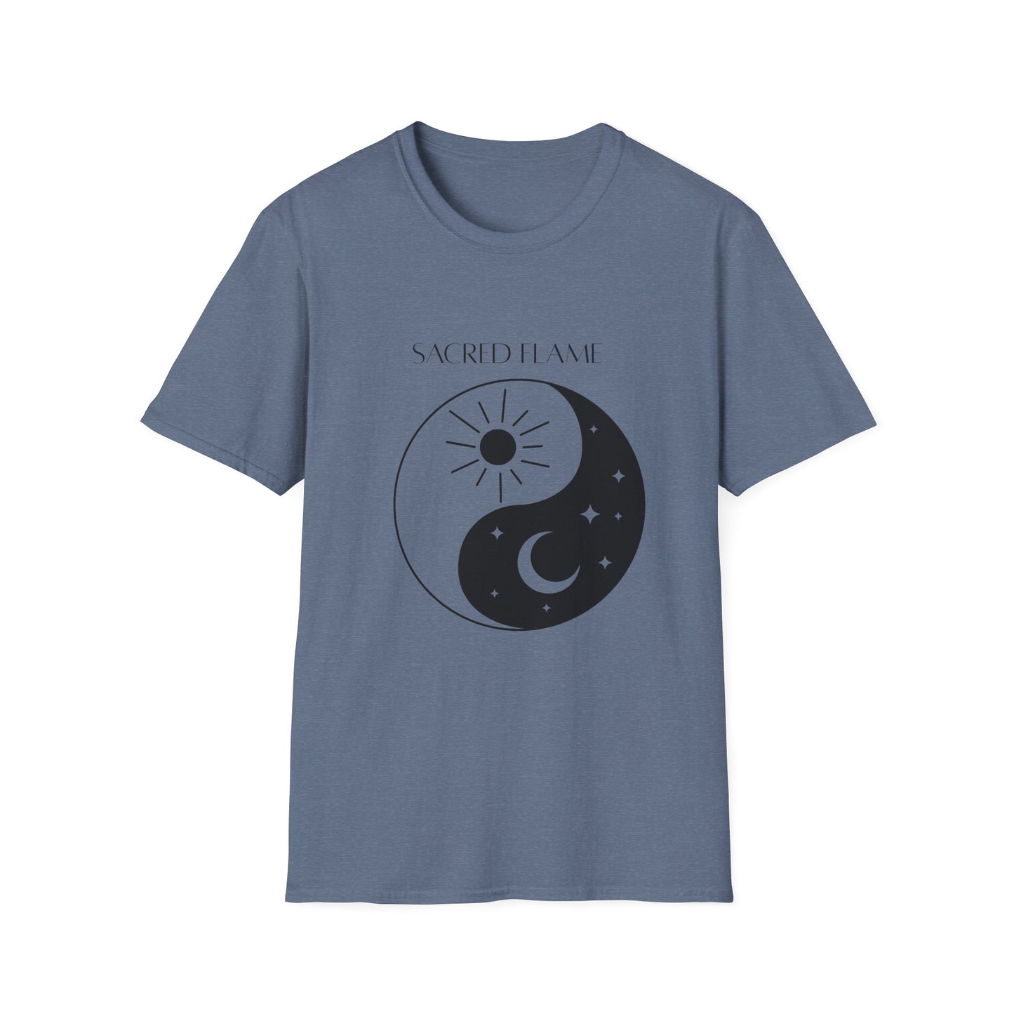 Sacred Flame Unisex Softstyle T-Shirt - Yin Yang Celestial Design, Boho Graphic Tee