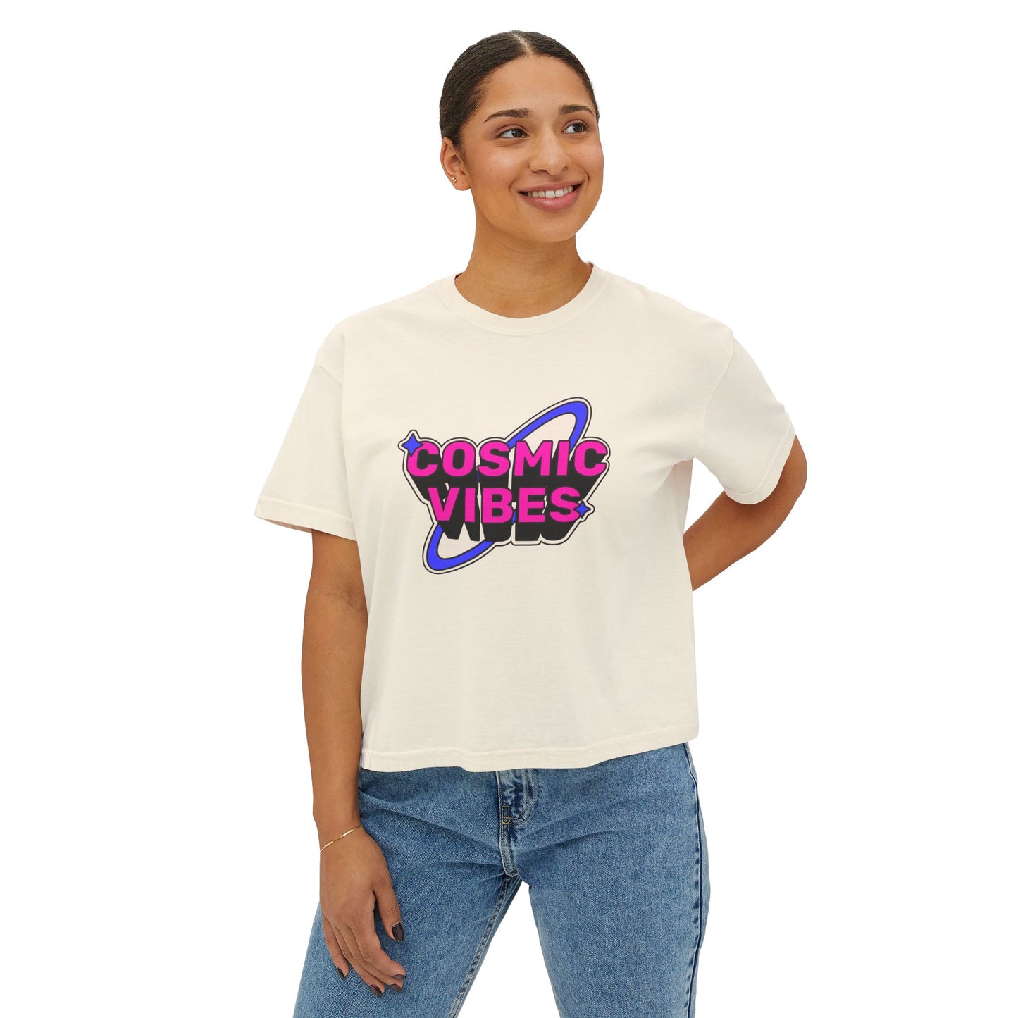 Cosmic Vibes Women's Boxy Tee - Trendy Graphic T-Shirt for Festival and Everyday Wear
