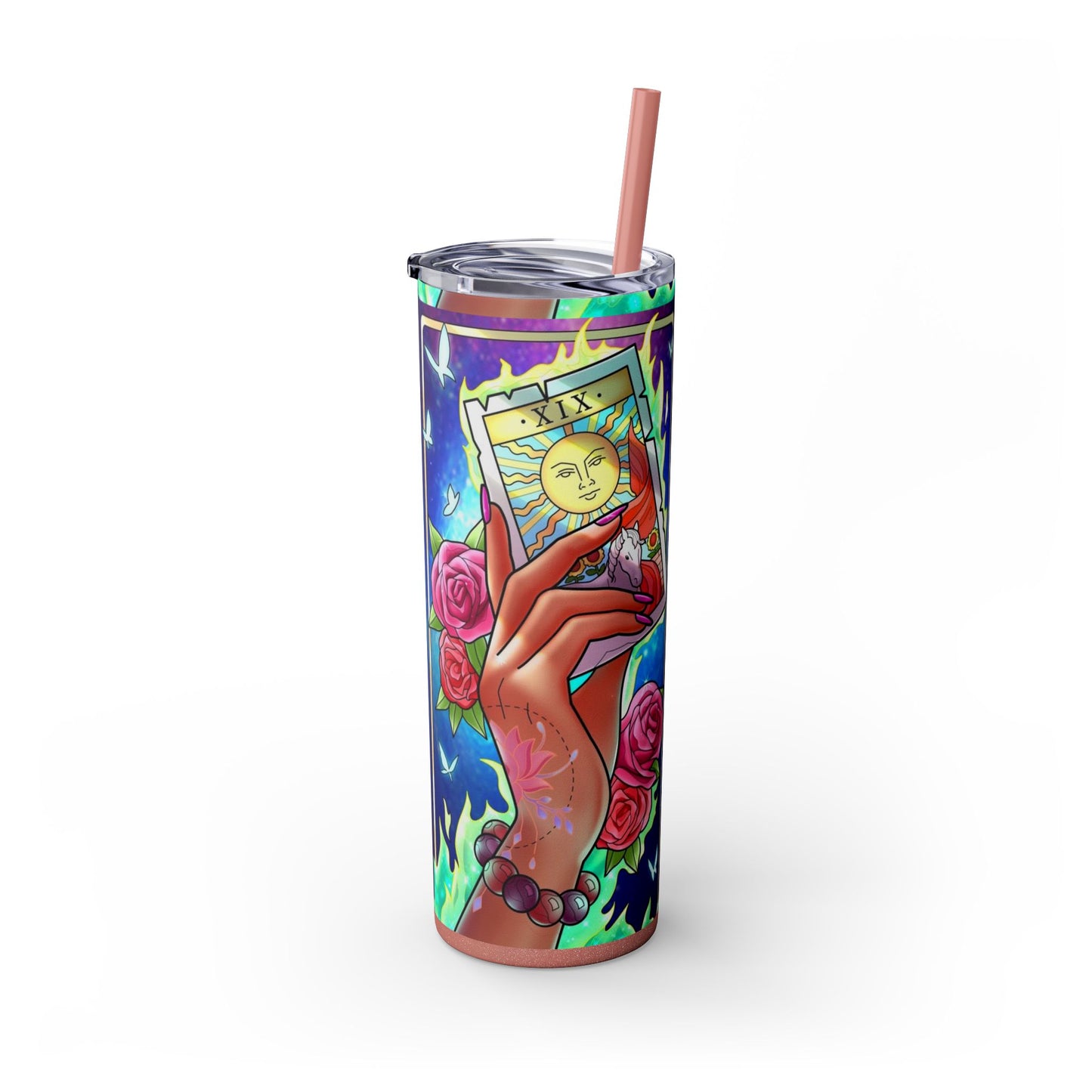 Vibrant Tattoo-Inspired Skinny Tumbler, 20oz | Custom Drinkware, Summer Hydration, Gift for Her, Eco-Friendly Beverage Cup, Festival Vibes