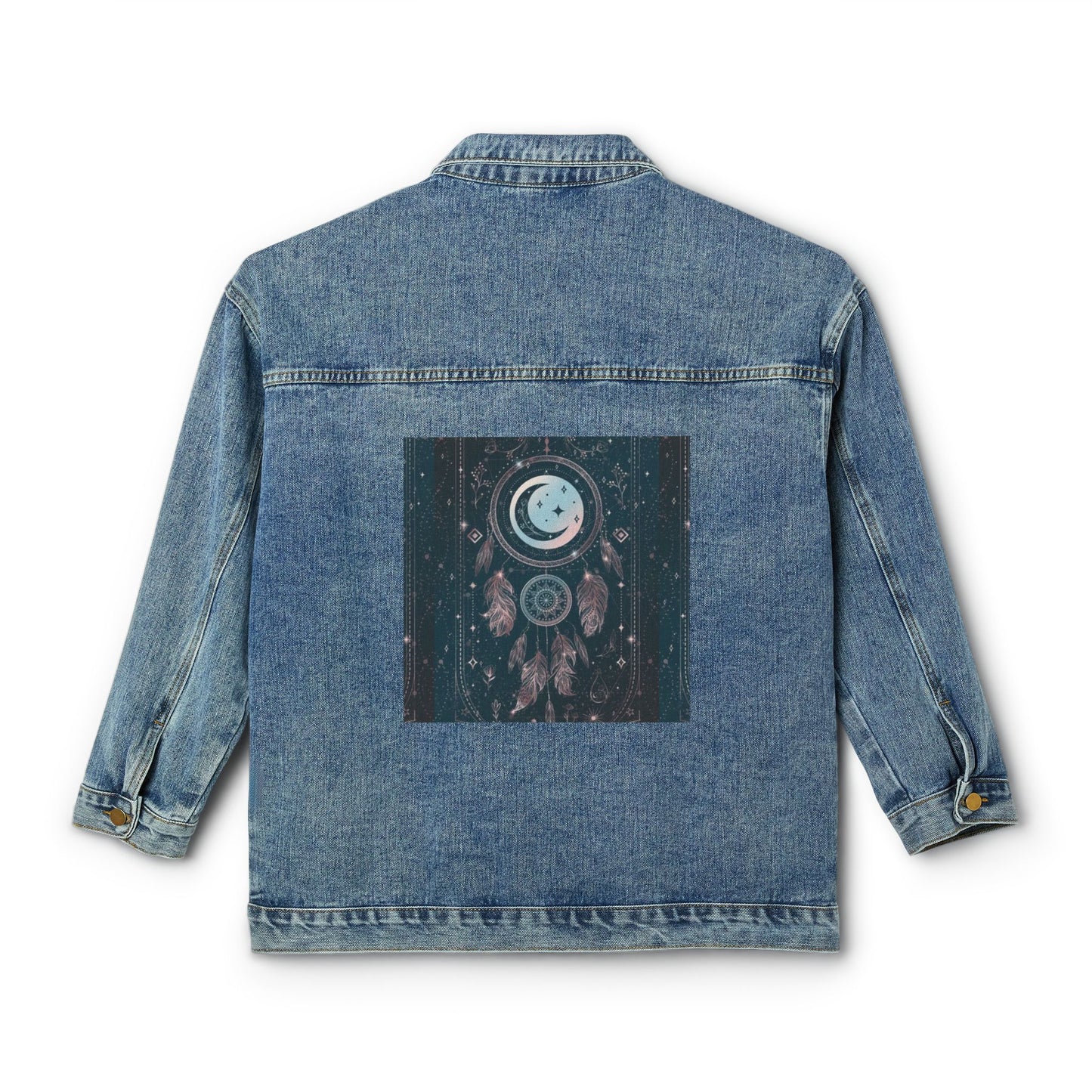 Boho Dreamcatcher Women's Denim Jacket, Trendy Layering Piece, Vintage Style Outerwear, Perfect for Festivals, Everyday Wear