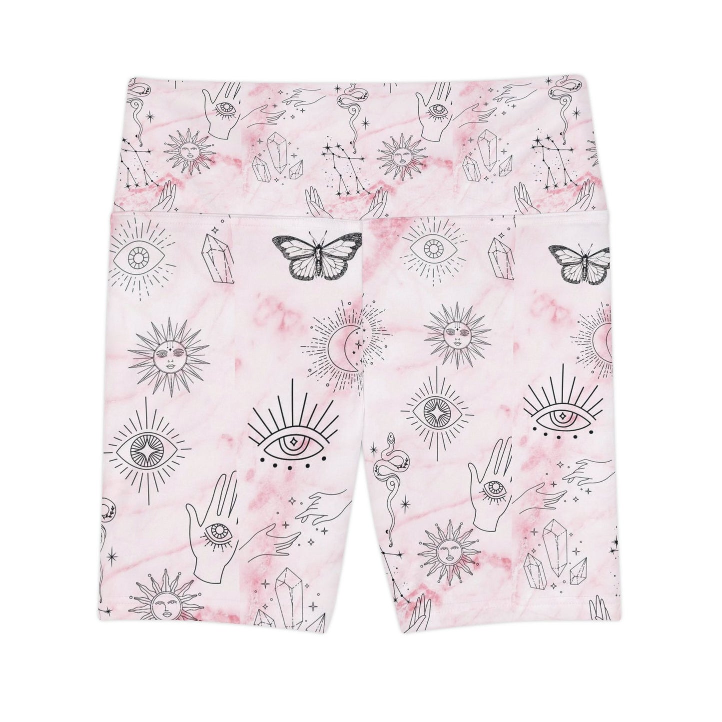Boho Women's Workout Shorts - Pastel Pink Sun & Moon Print, Yoga, Gym, Festival, Activewear