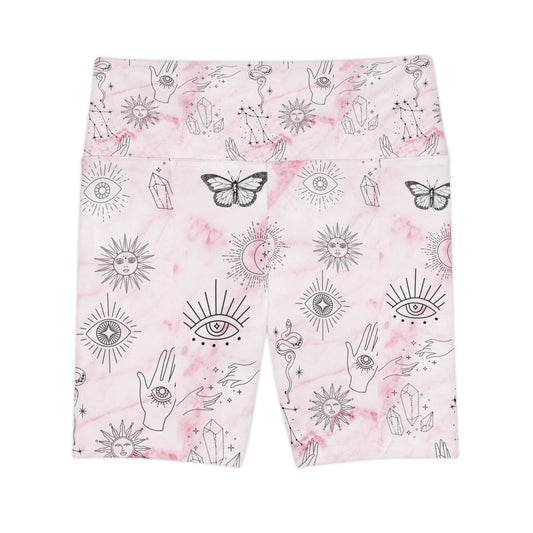 Boho Women's Workout Shorts - Pastel Pink Sun & Moon Print, Yoga, Gym, Festival, Activewear