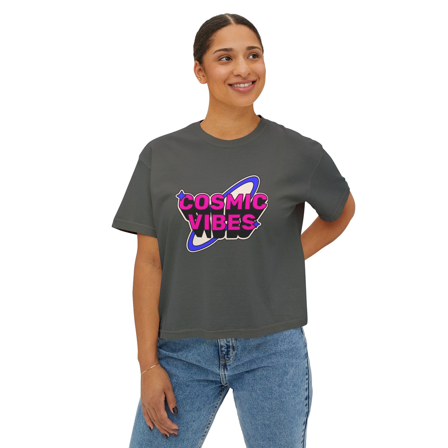 Cosmic Vibes Women's Boxy Tee - Trendy Graphic T-Shirt for Festival and Everyday Wear