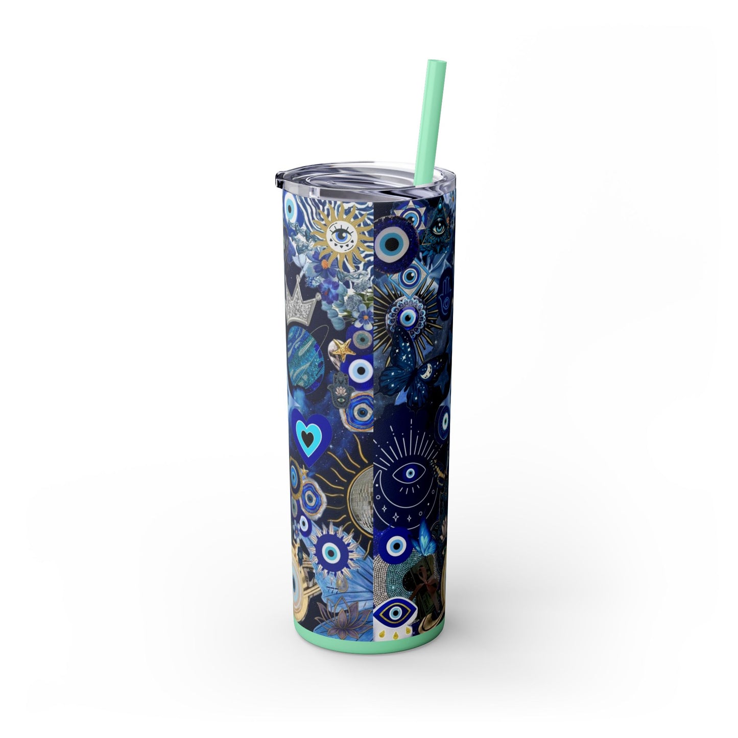 Boho Evil Eye Skinny Tumbler, 20oz, Travel Mug, Gift for Her, Water Bottle, Blue Pattern, Home Decor, Stylish Drinkware