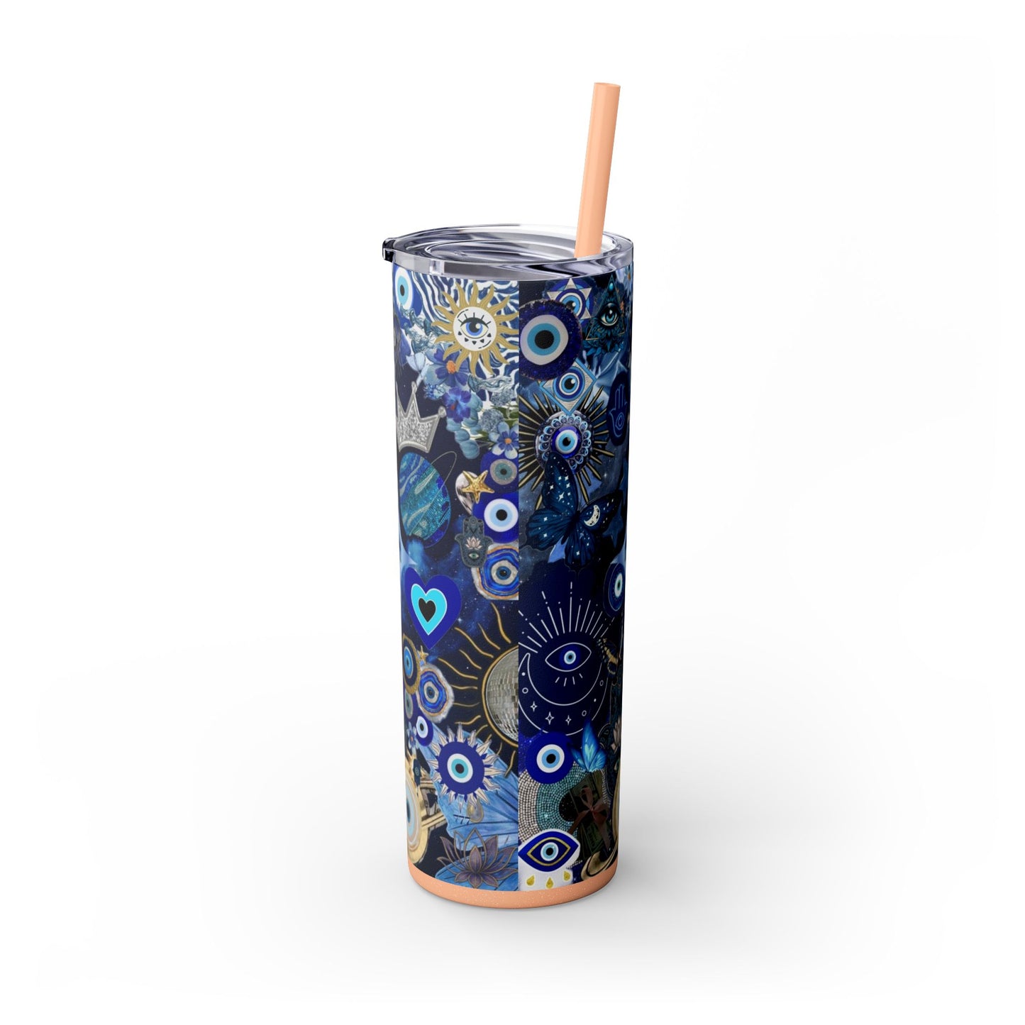 Boho Evil Eye Skinny Tumbler, 20oz, Travel Mug, Gift for Her, Water Bottle, Blue Pattern, Home Decor, Stylish Drinkware