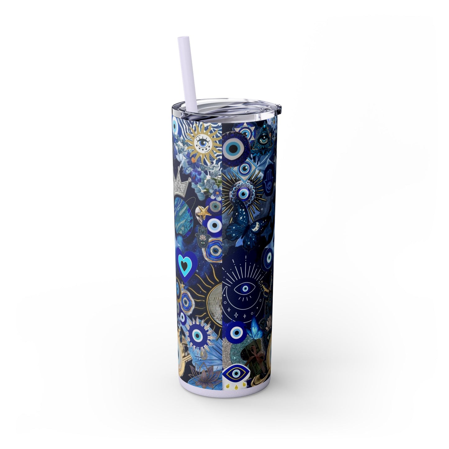 Boho Evil Eye Skinny Tumbler, 20oz, Travel Mug, Gift for Her, Water Bottle, Blue Pattern, Home Decor, Stylish Drinkware