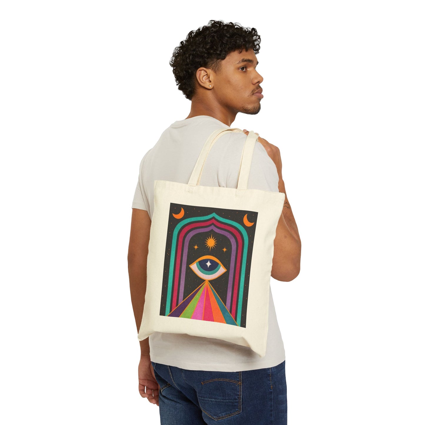 Colorful Mystic Eye Cotton Canvas Tote Bag, Eco-Friendly Shopping Bag, Boho Bag, Art Tote, Everyday Carryall