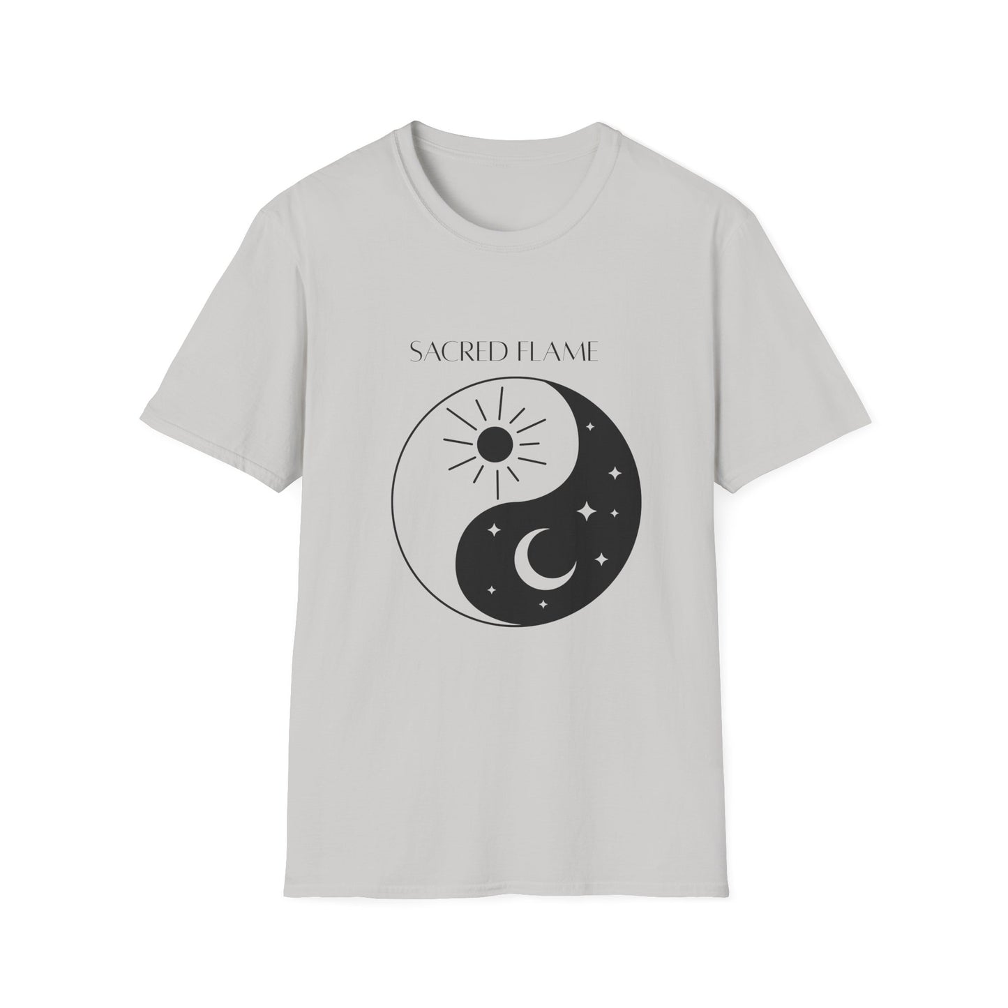 Sacred Flame Unisex Softstyle T-Shirt - Yin Yang Celestial Design, Boho Graphic Tee