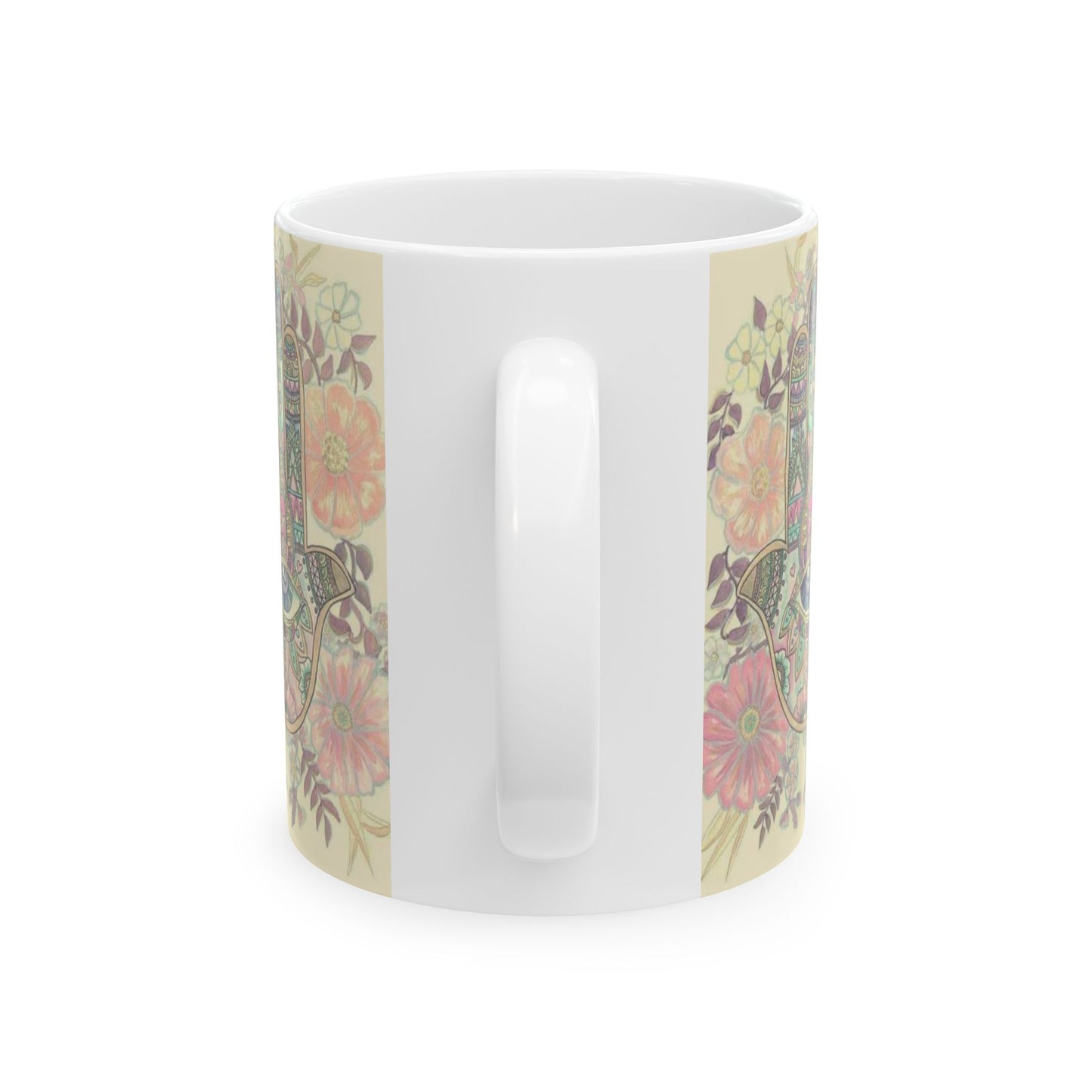 Bohemian Floral Hamsa Mug, Hand-Decorated Ceramic Coffee Cup, Meditation Gift, Home & Kitchen Decor, Relaxation Tea Mug