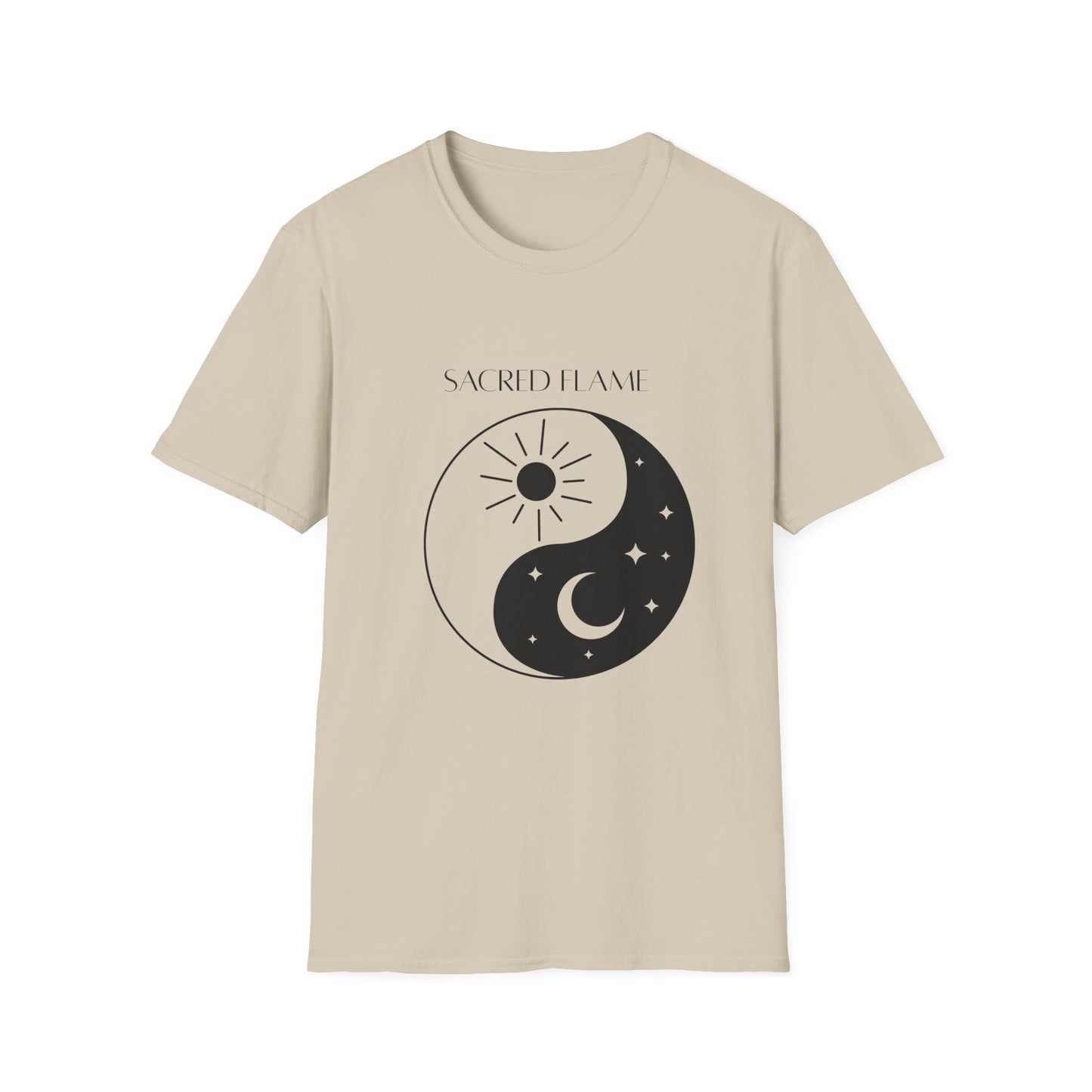 Sacred Flame Unisex Softstyle T-Shirt - Yin Yang Celestial Design, Boho Graphic Tee